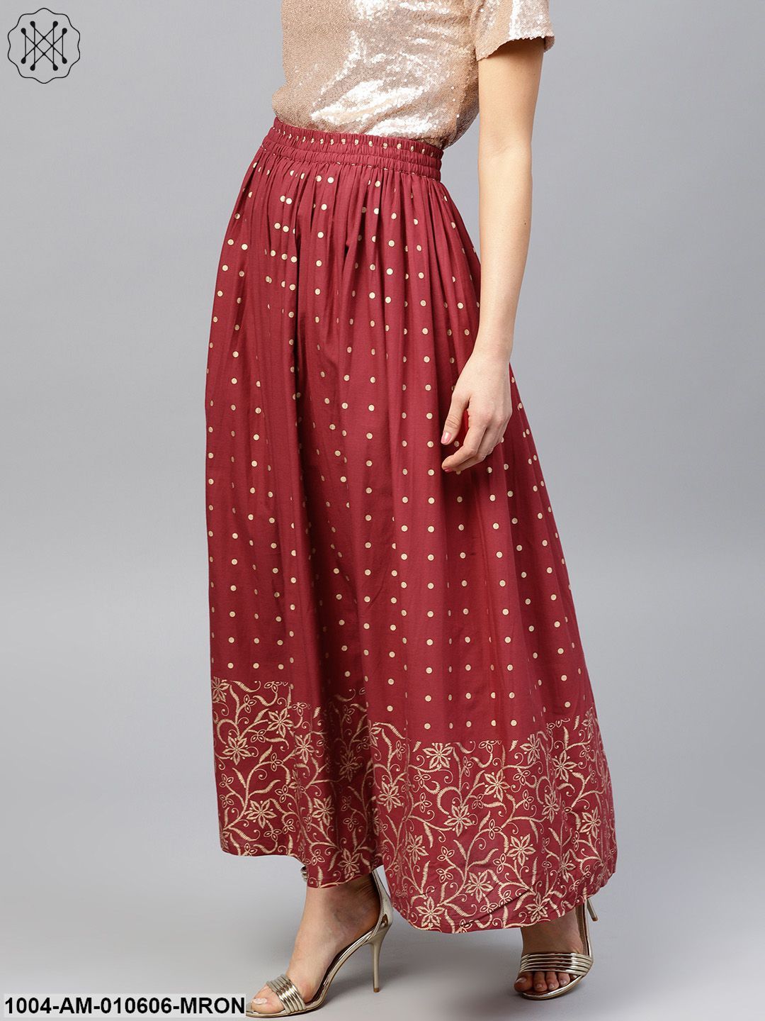 Maroon Printed Flared Ankle Length Skirt