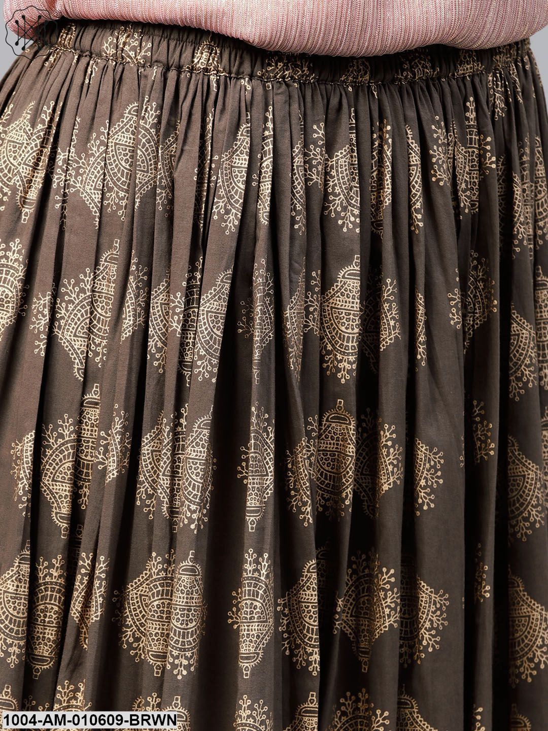 Mud Brown Printed Flared Ankle Length Skirt