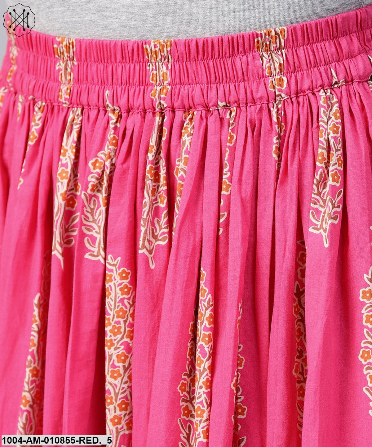 Red Printed Cotton Ankle Length Flared Skirt