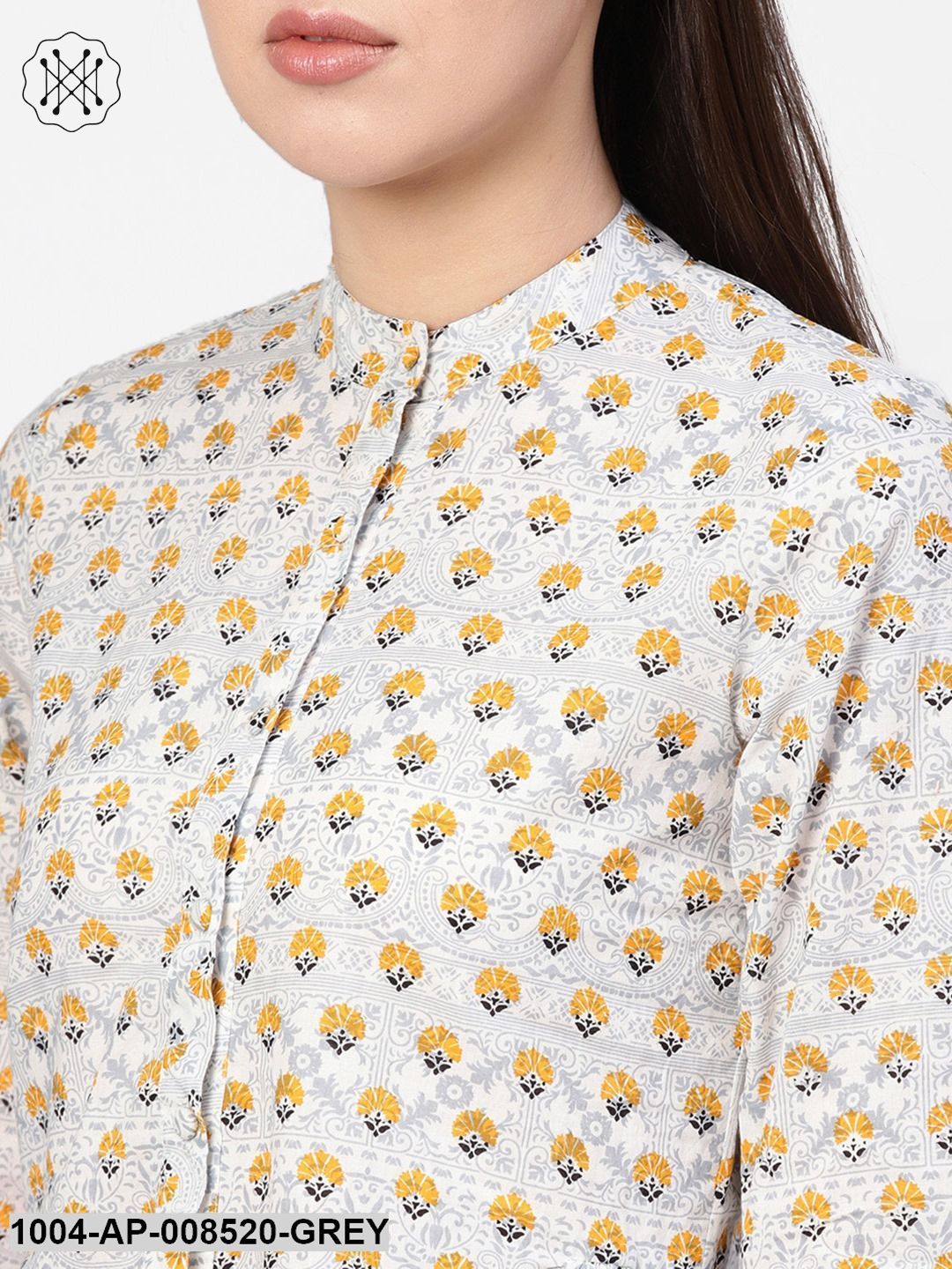 Grey Quirky Printed 3/4Th Sleeves A-Line Top