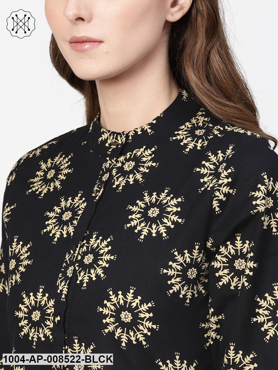 Black Warli Printed 3/4Th Sleeves A-Line Top