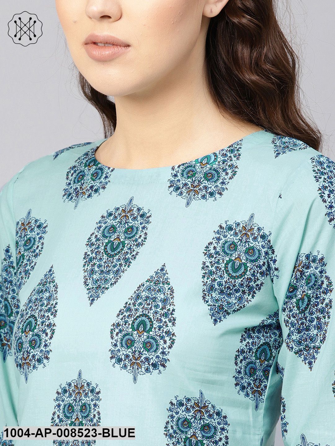 Sky Blue Printed Round Neck Flared Sleeves Top