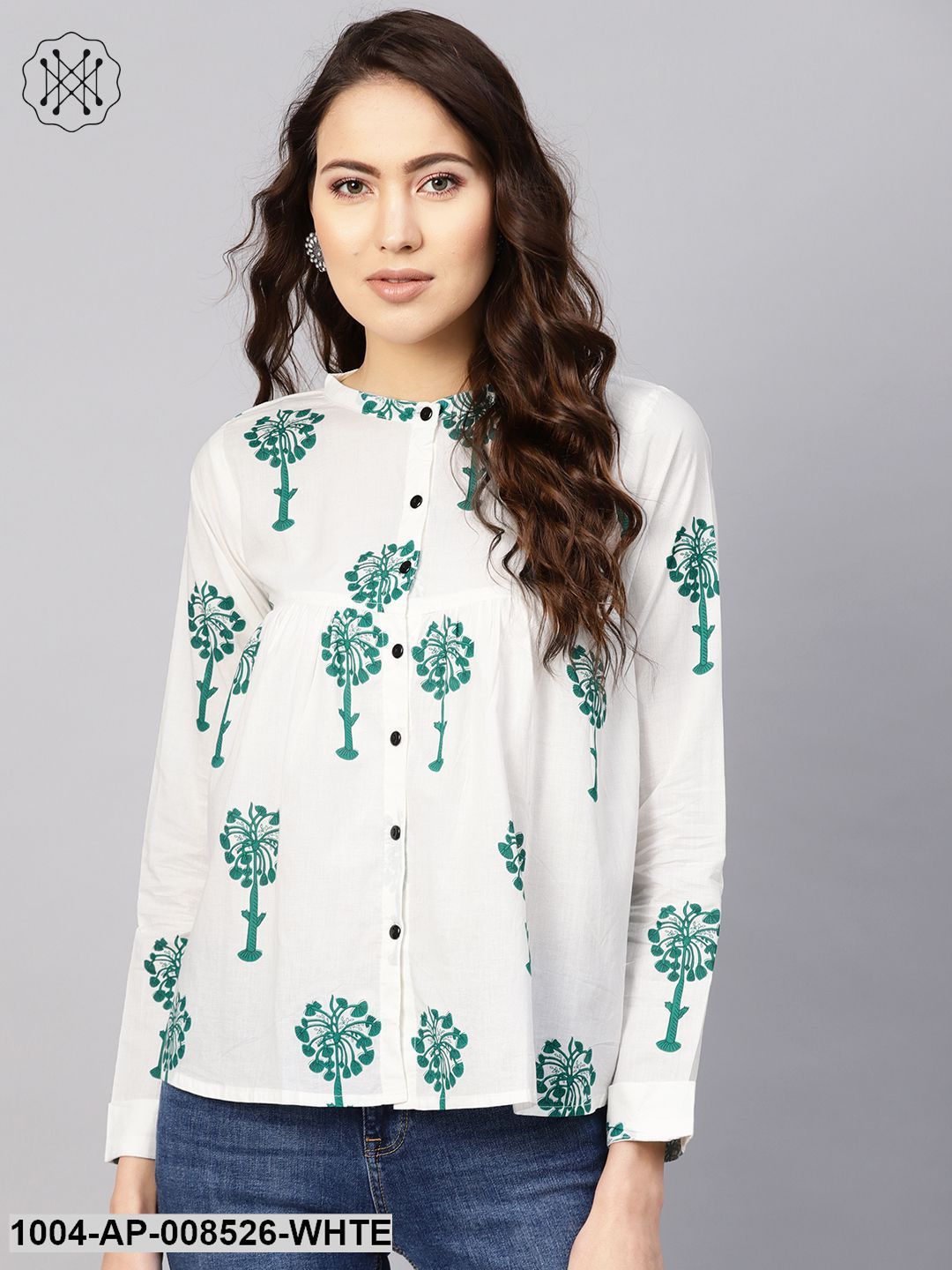 White & Green Printed Top With Mandarin Collar With Full Sleeves