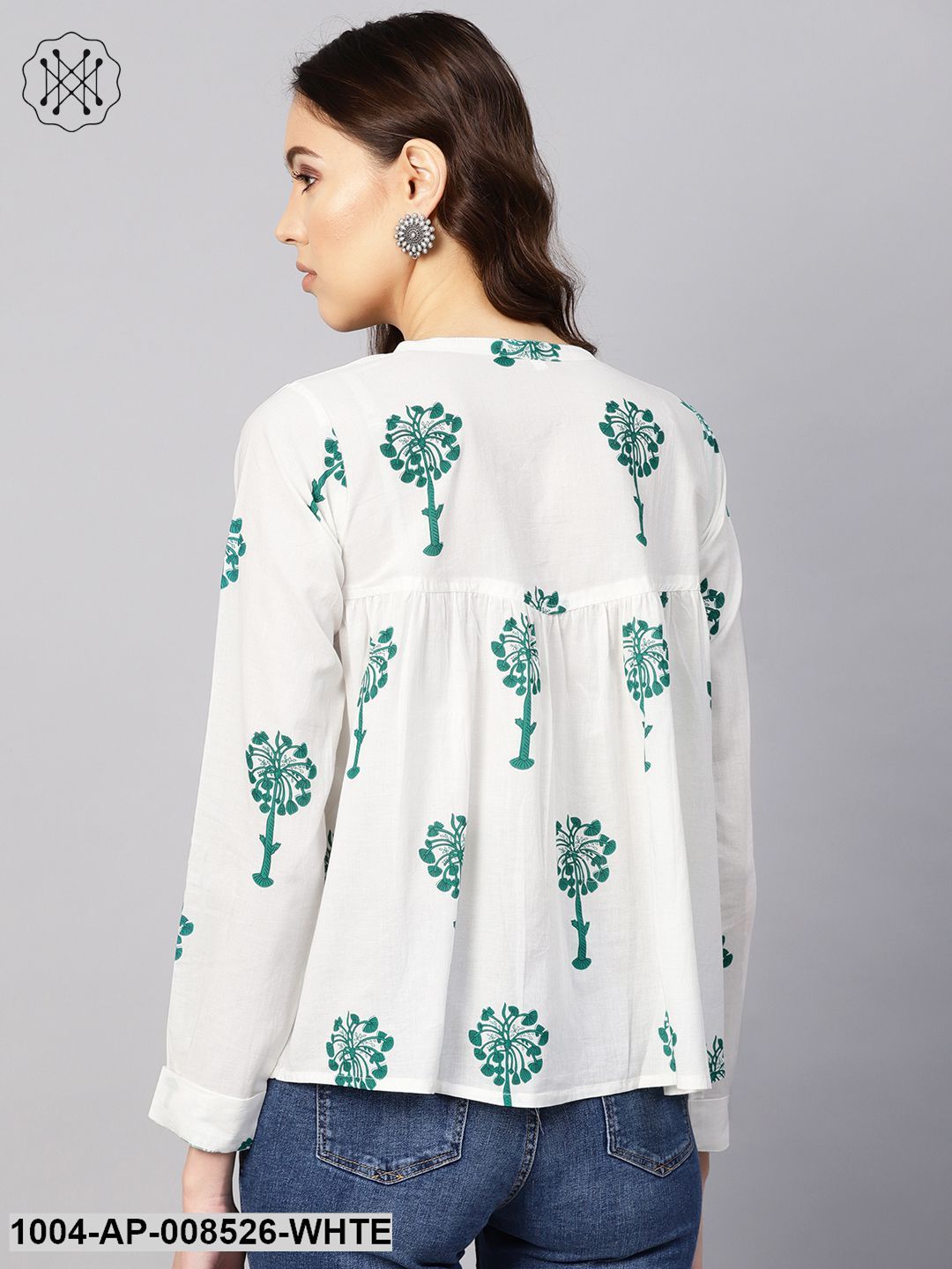White & Green Printed Top With Mandarin Collar With Full Sleeves