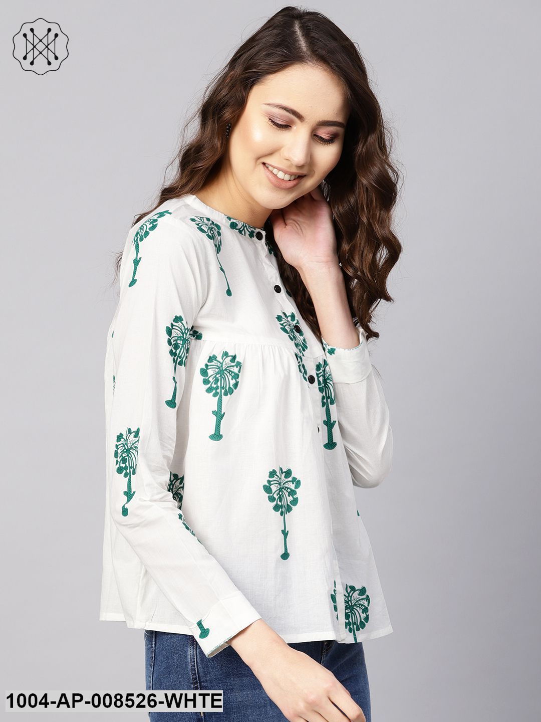 White & Green Printed Top With Mandarin Collar With Full Sleeves