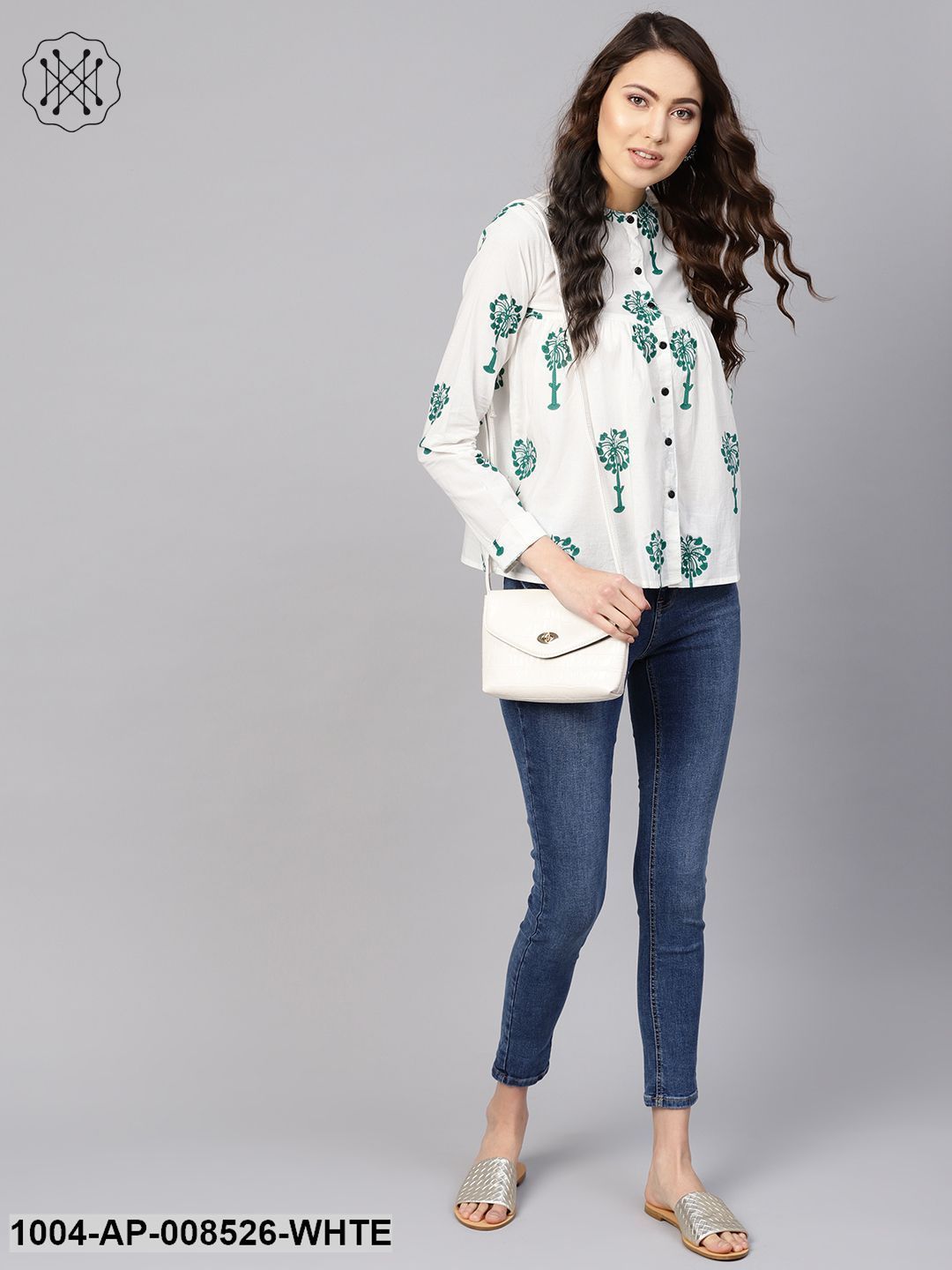 White & Green Printed Top With Mandarin Collar With Full Sleeves