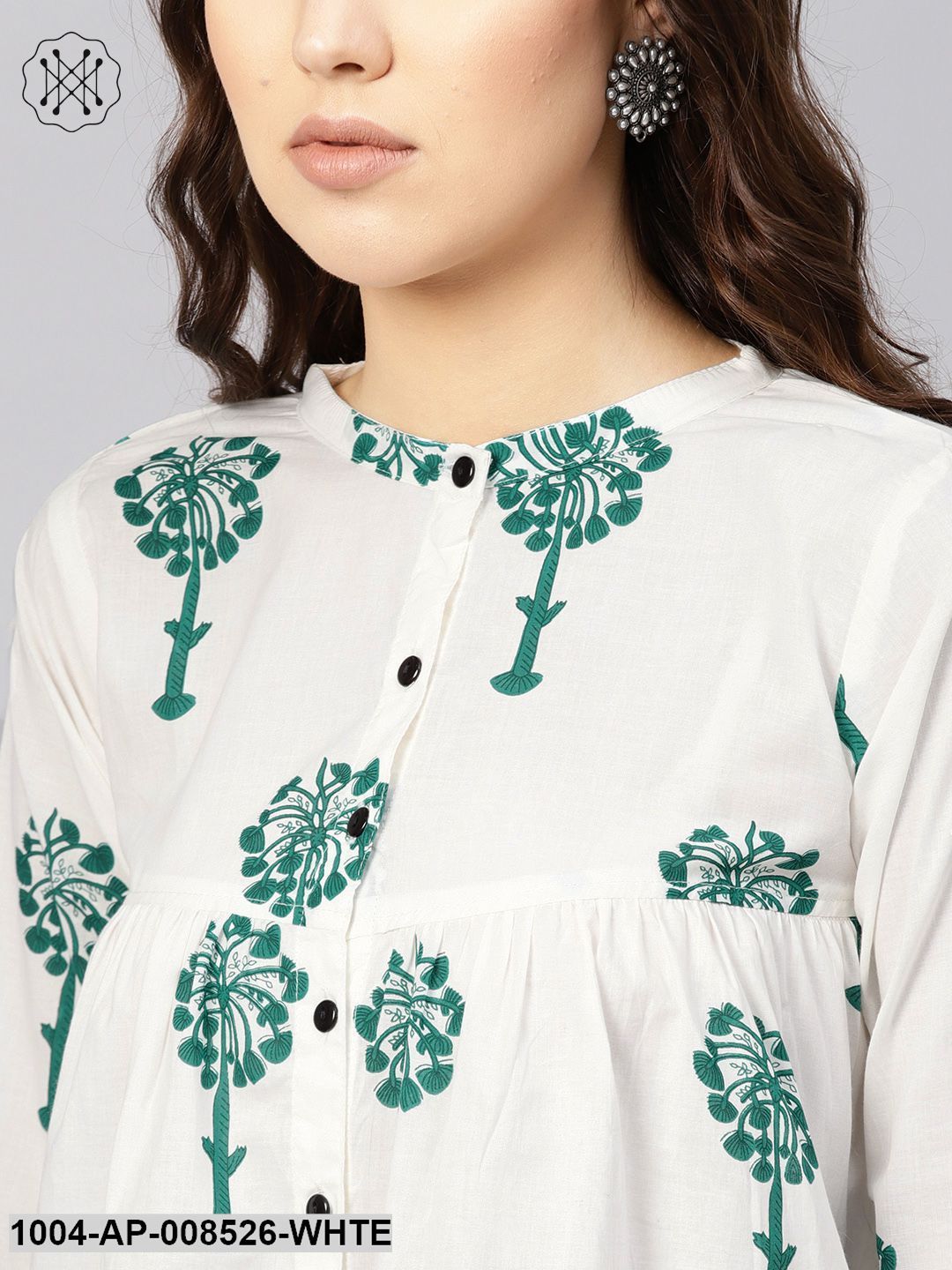 White & Green Printed Top With Mandarin Collar With Full Sleeves