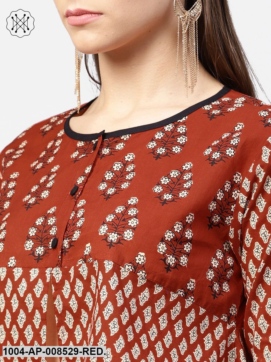 Red Printed 3/4Th Sleeve Cotton High Low Tops