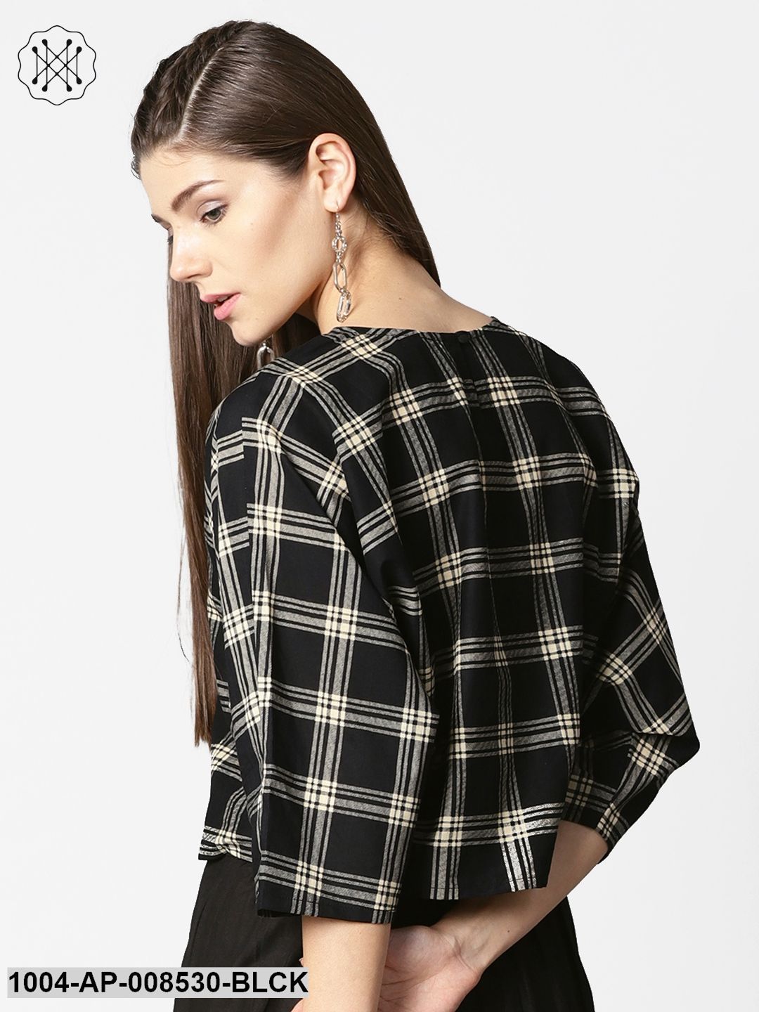 Black Check Flared Sleeve Cotton Top