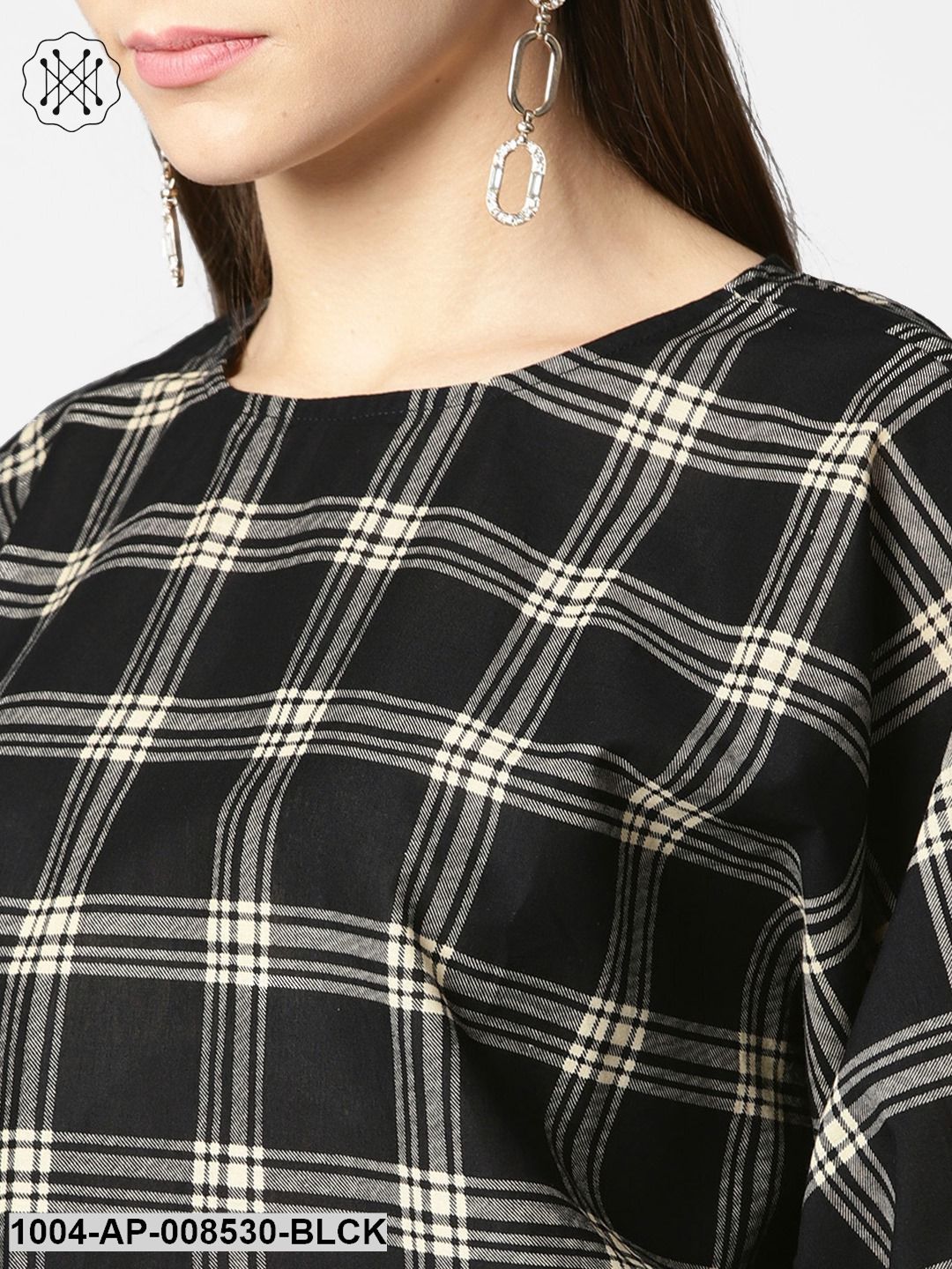 Black Check Flared Sleeve Cotton Top