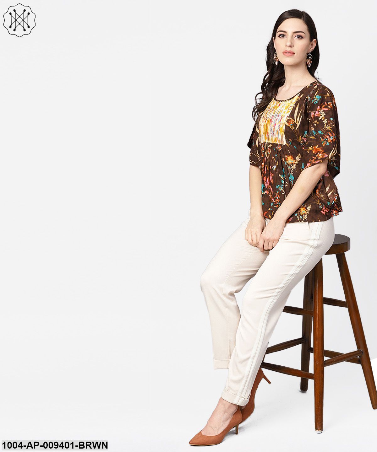 Chocolate Brown Multi ColoredKaftaan Top With Pleated Yoke