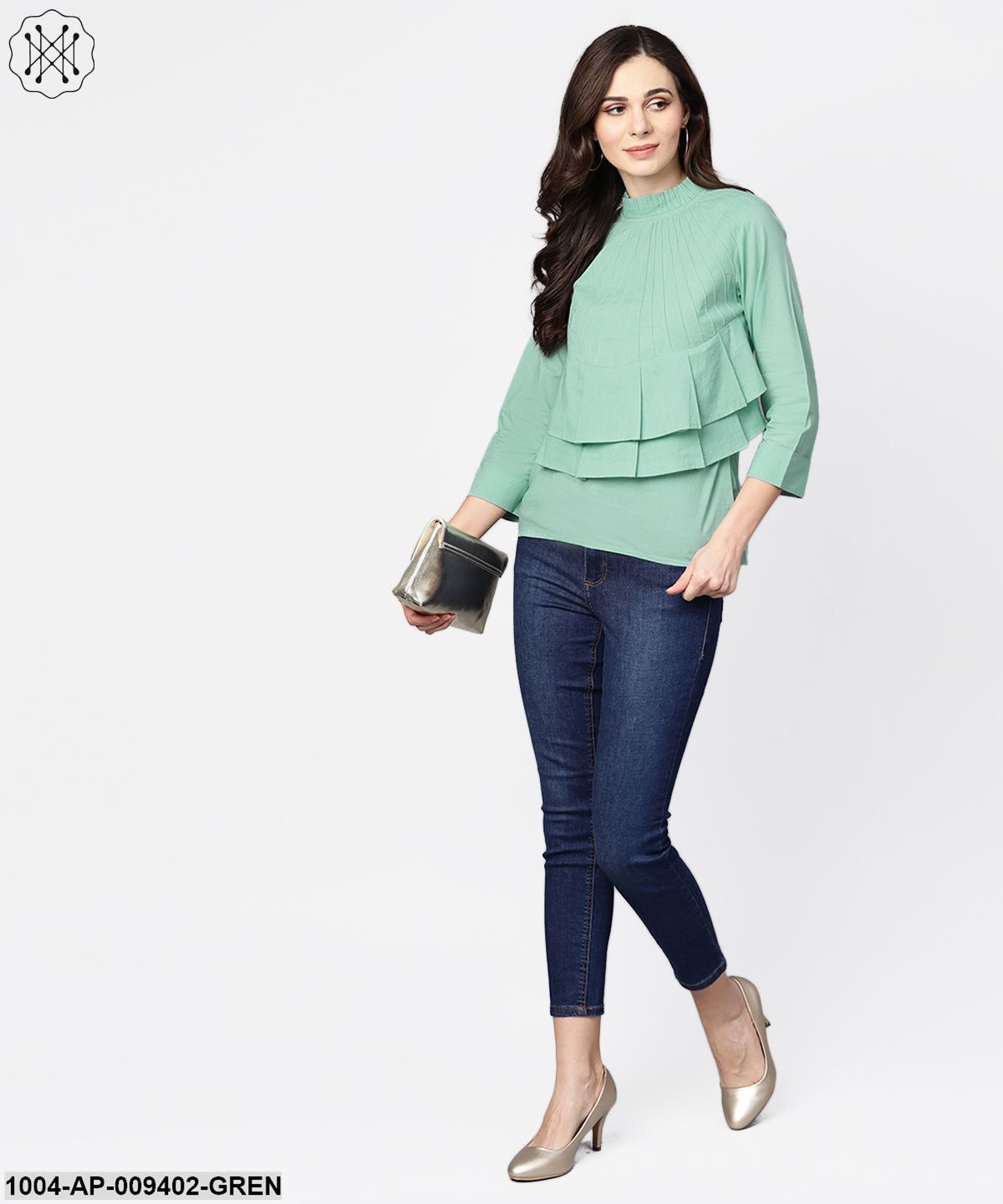 Pine Green Top Detailed With Pleats & Ruffled Neck