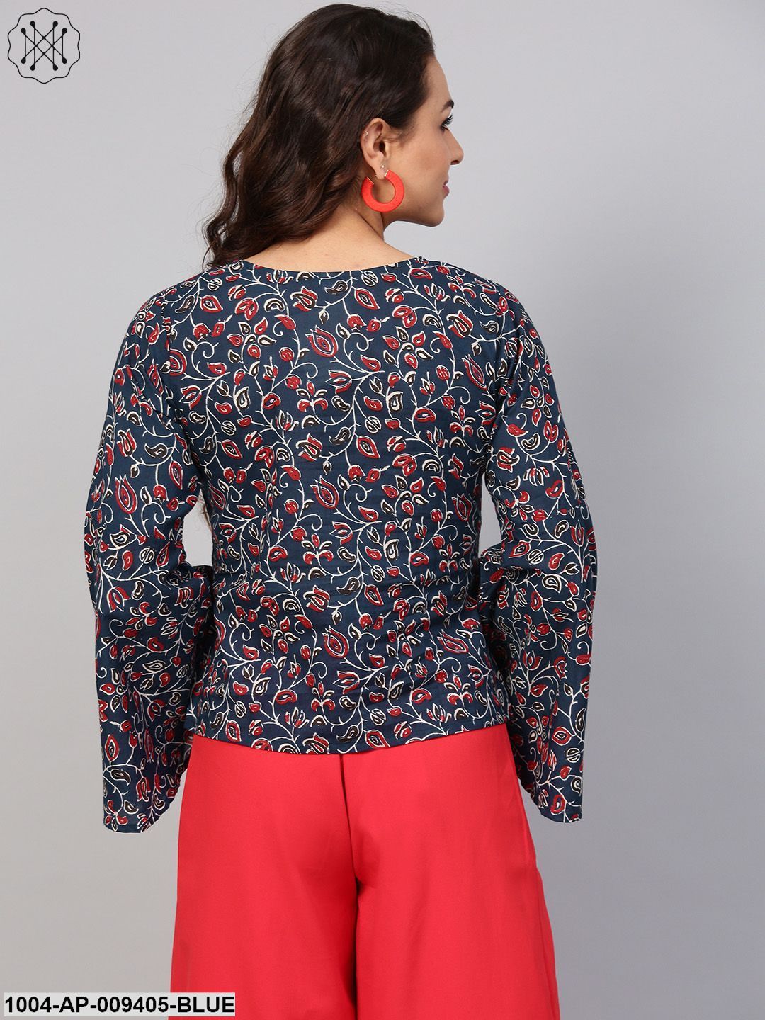 Indigo Blue Geometric Printed Top With V Neck & Flared Sleeves