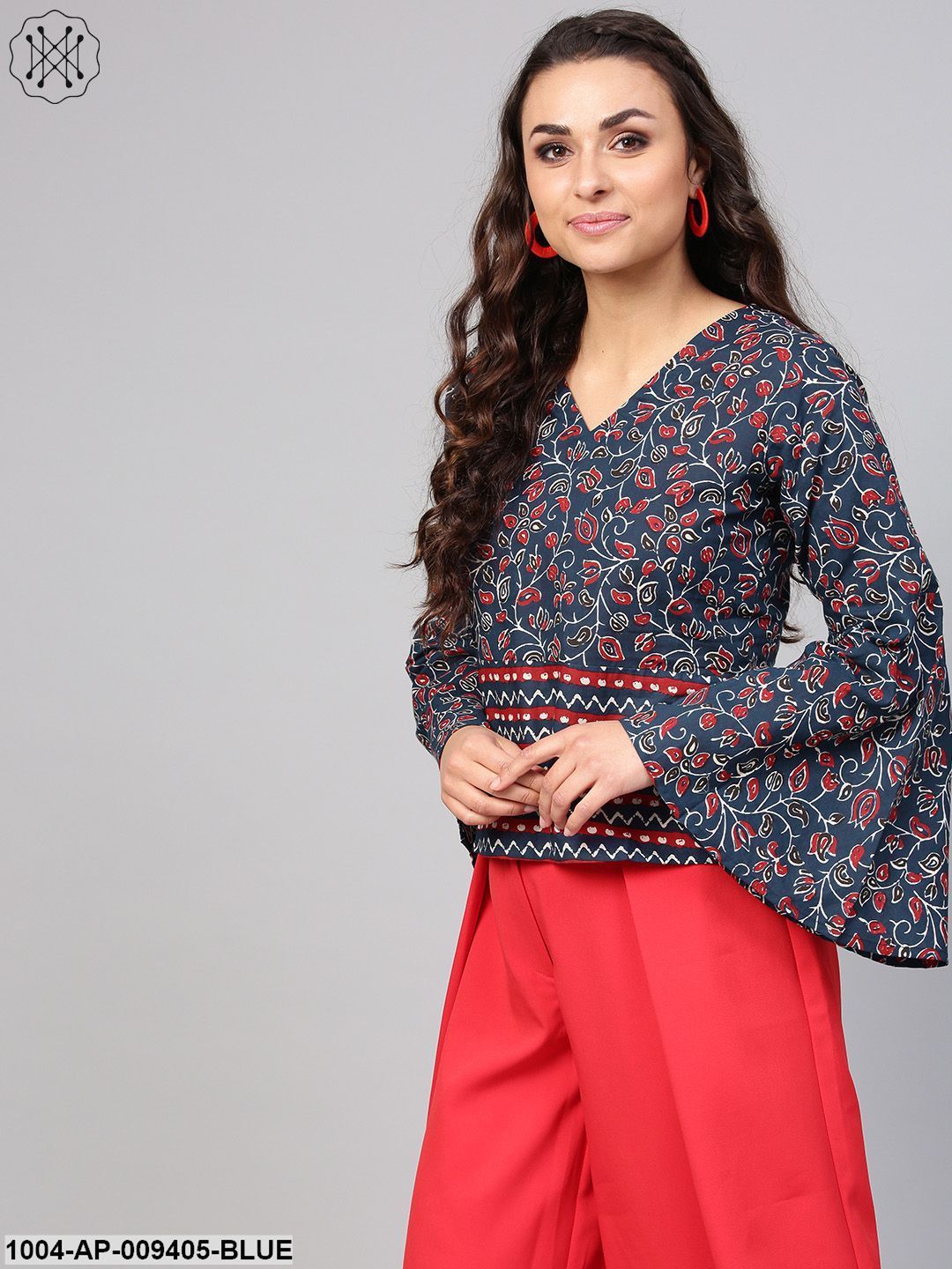 Indigo Blue Geometric Printed Top With V Neck & Flared Sleeves