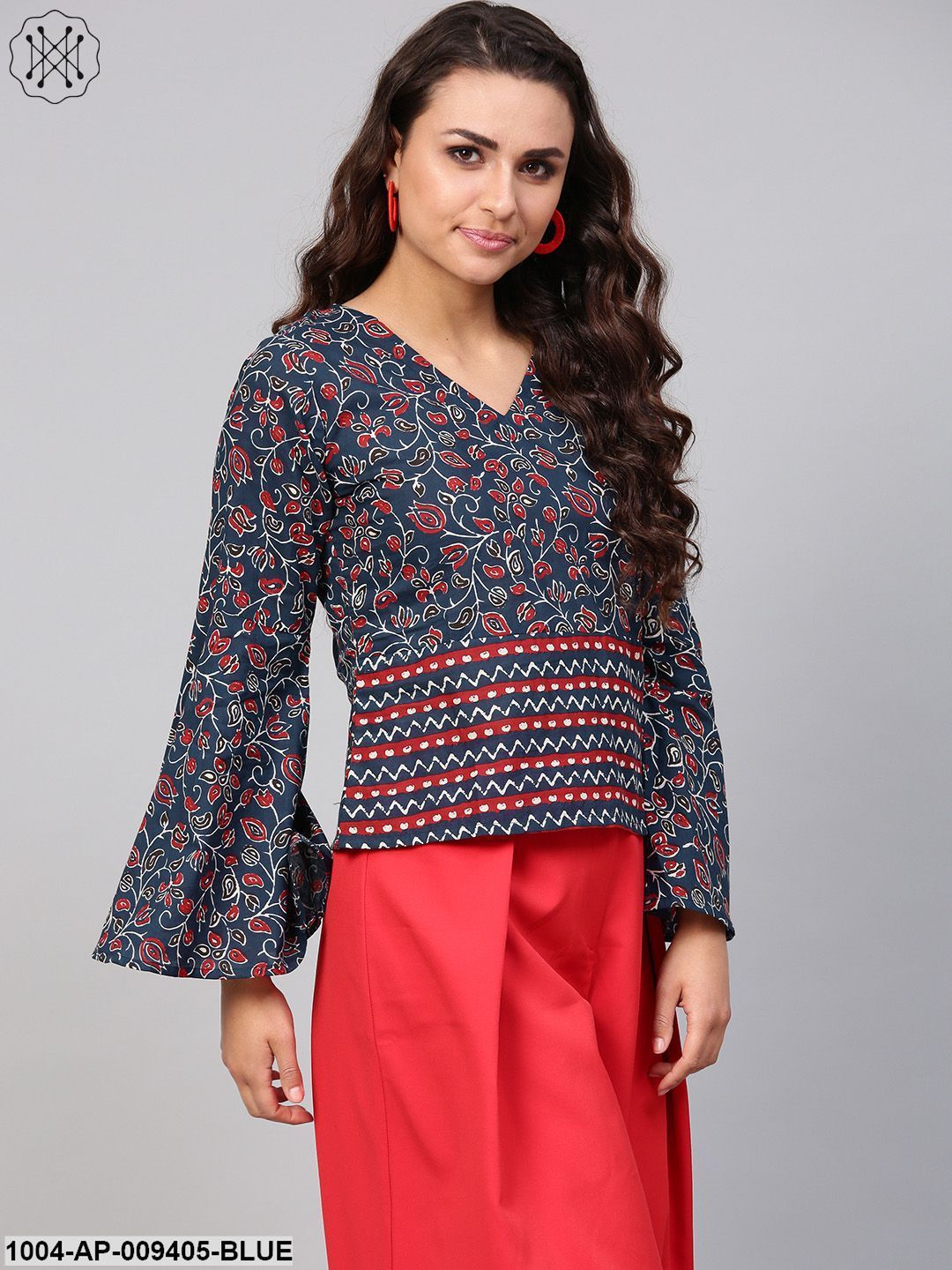 Indigo Blue Geometric Printed Top With V Neck & Flared Sleeves