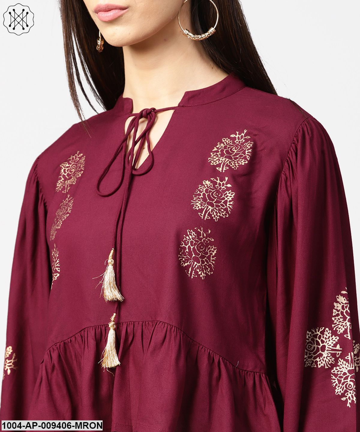 Maroon Full Sleeve Block Printed Crop Tops With Dori Work At Neck