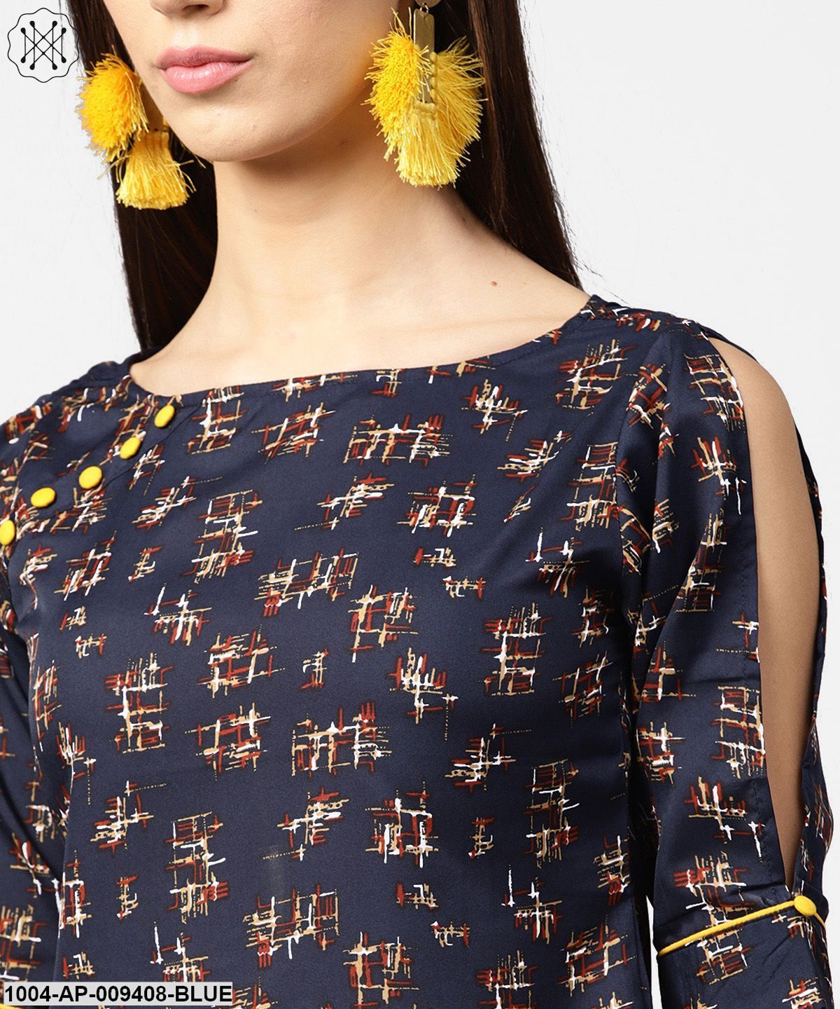 Dark Blue Printed 3/4Th Sleeve Crop Tops