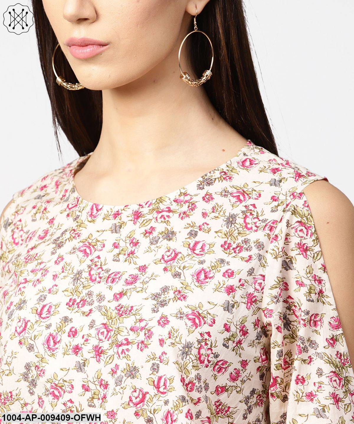 Off White Full Sleeve Cold Shoulder Cotton Tops