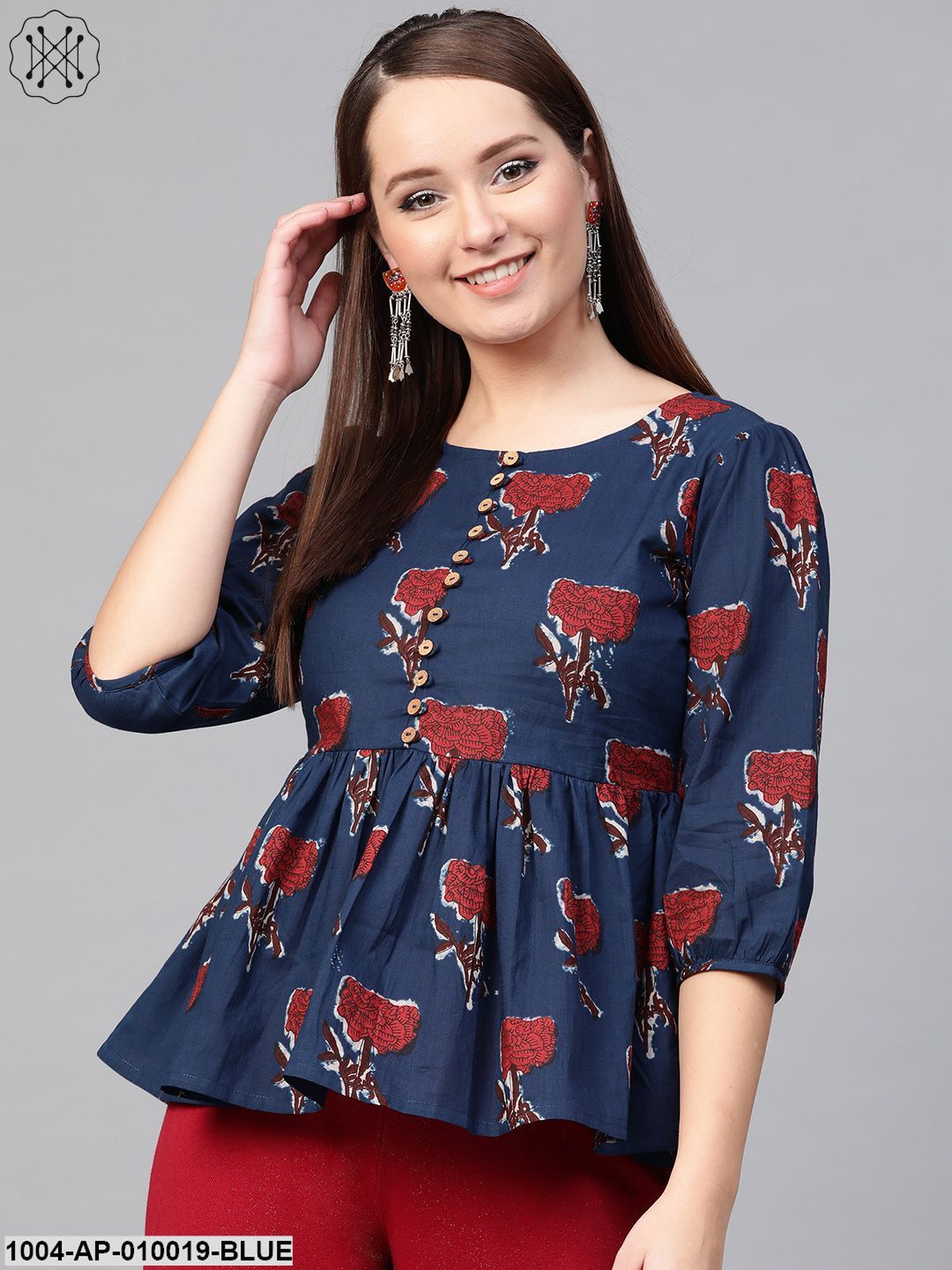 Women Blue & Red Peplum Printed Top