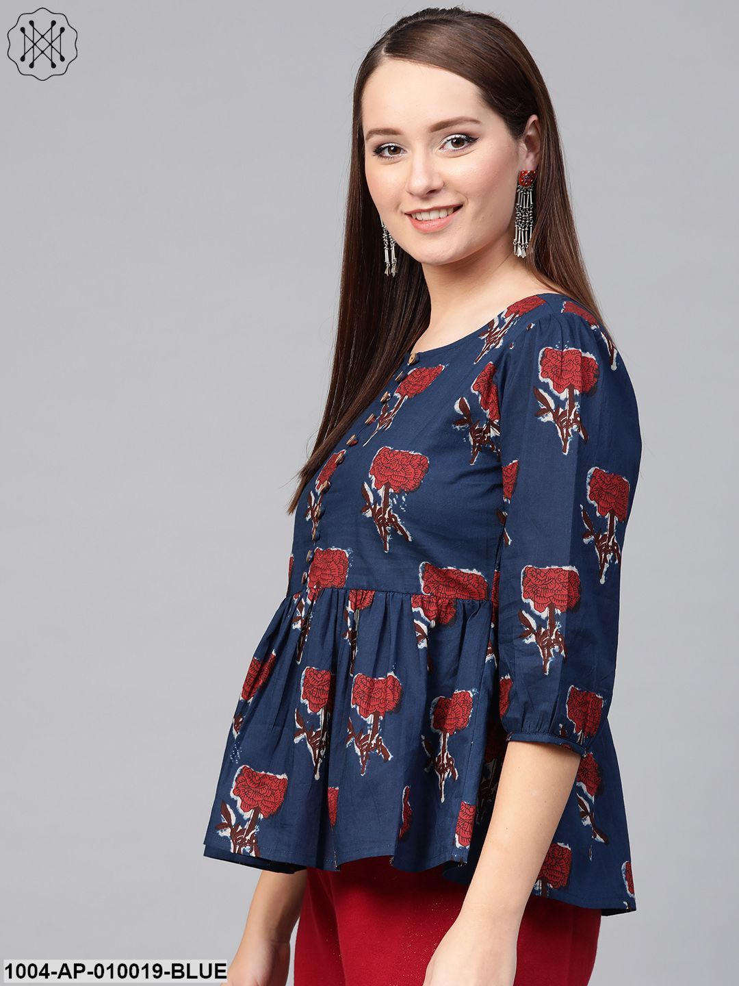 Women Blue & Red Peplum Printed Top