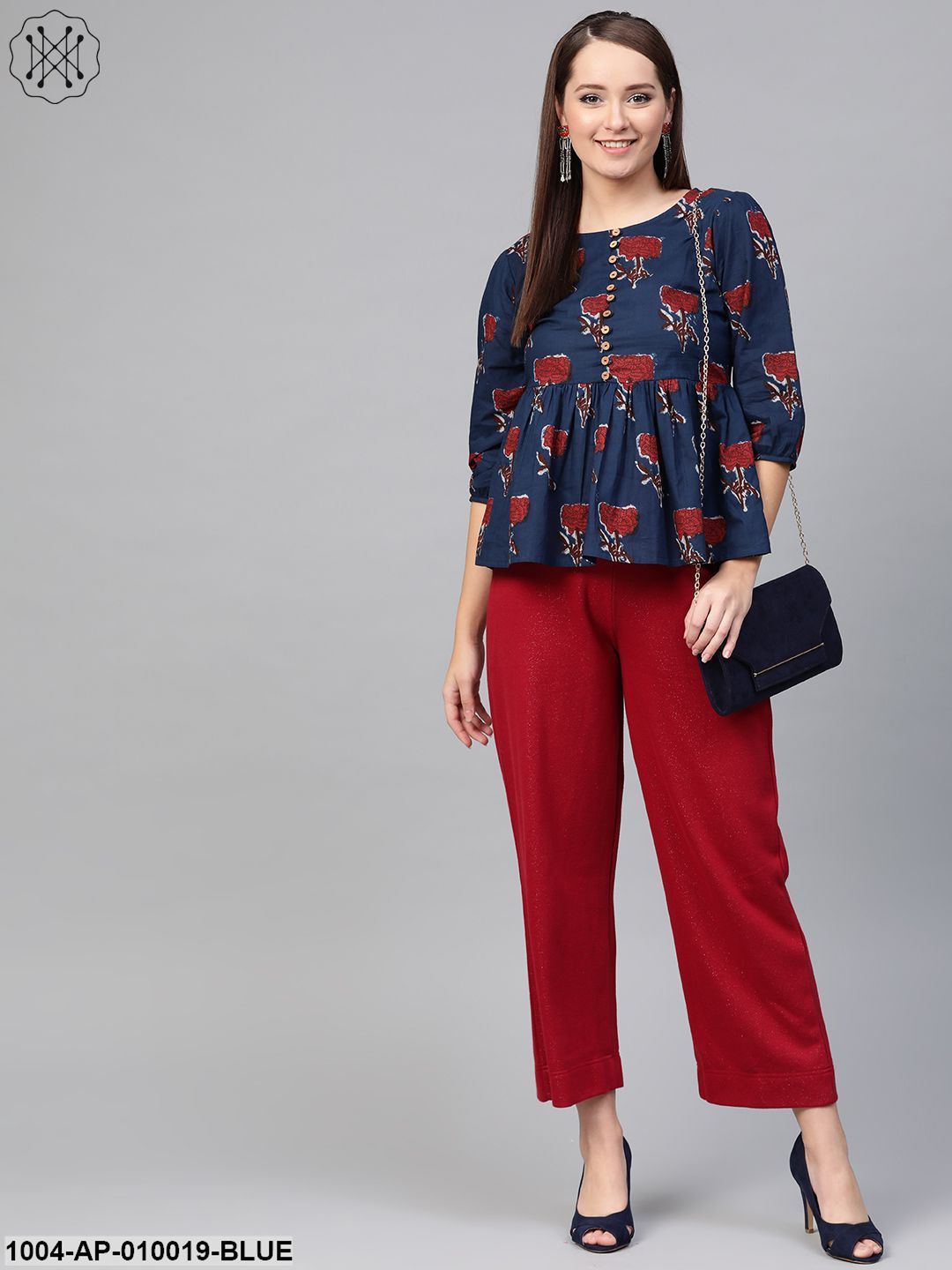 Women Blue & Red Peplum Printed Top