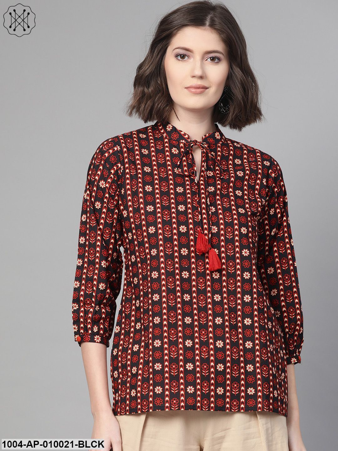 Women Black & Rust Regular Printed Top
