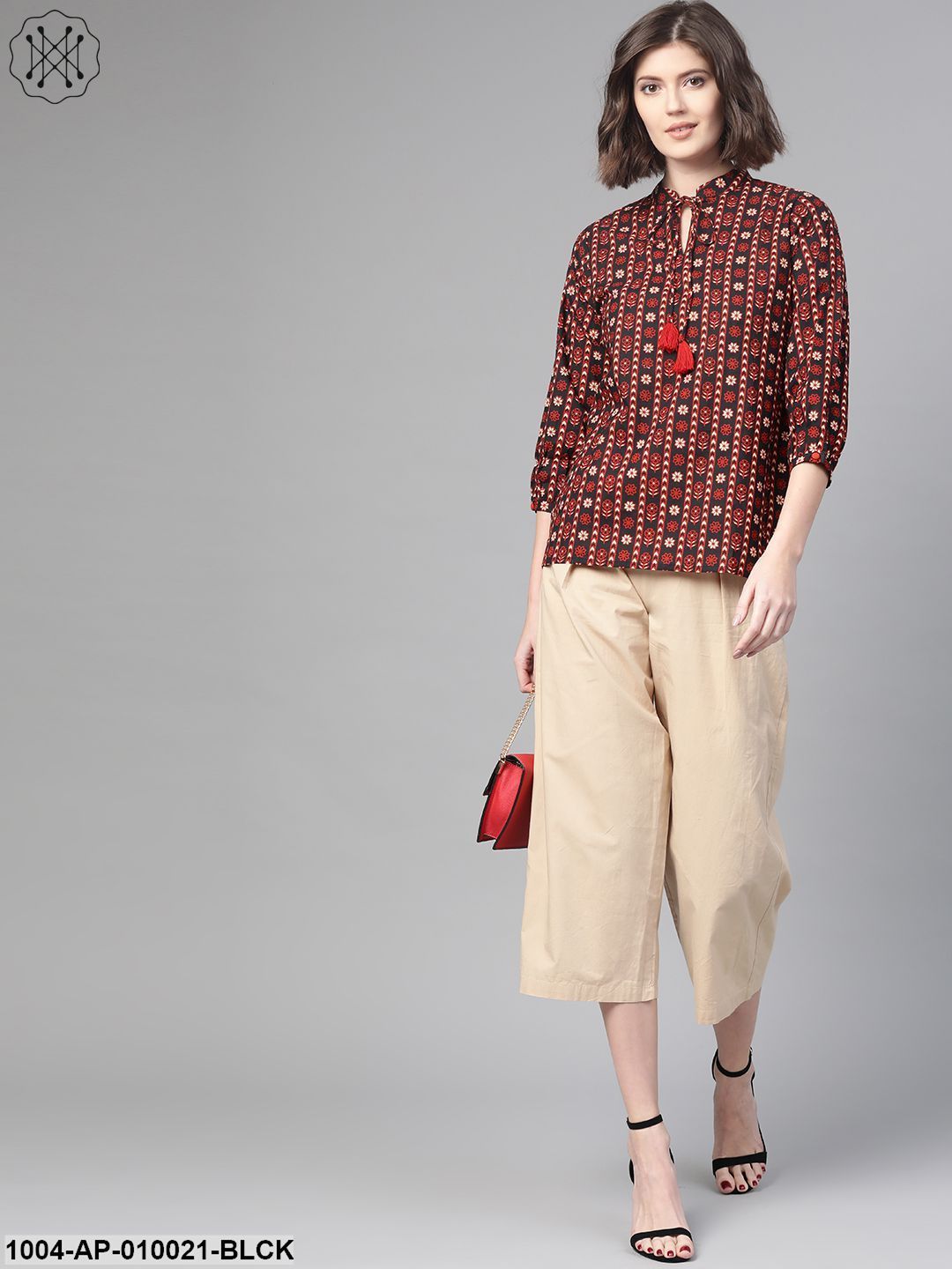 Women Black & Rust Regular Printed Top