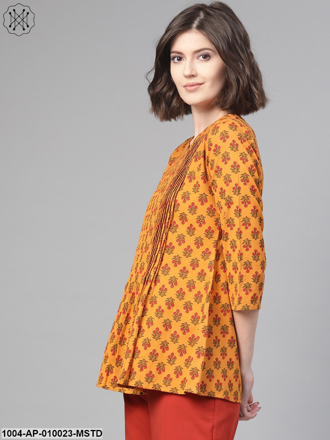 Women Mustard & Red A-Line Printed Top