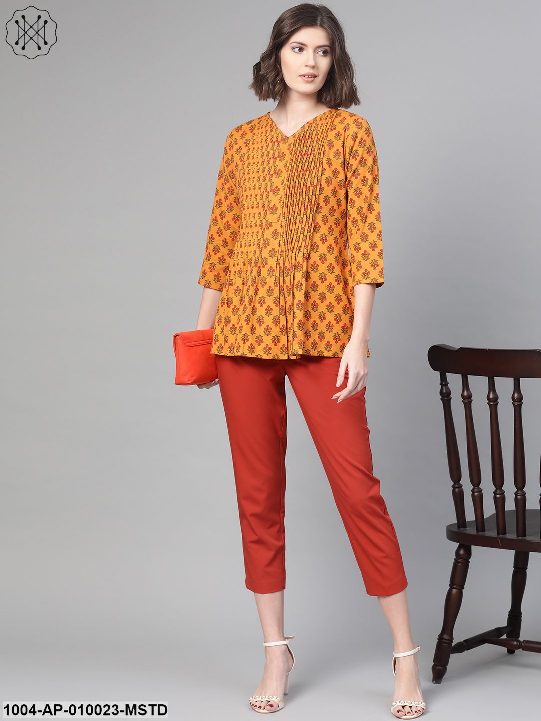 Women Mustard & Red A-Line Printed Top