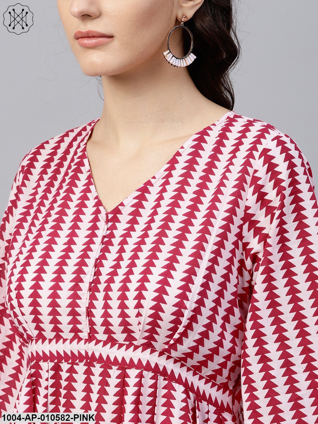 Pink And White PrintedA-Line Top Wth 3/4 Sleeves