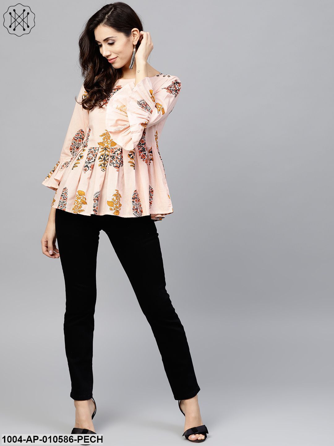 Peach Printed Top With Round Neck And 3/4 Sleeves