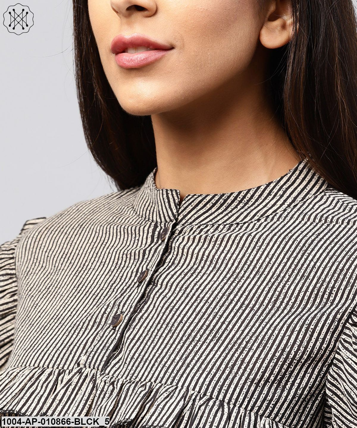 Black Striped 3/4Th Sleeve Cotton Tops