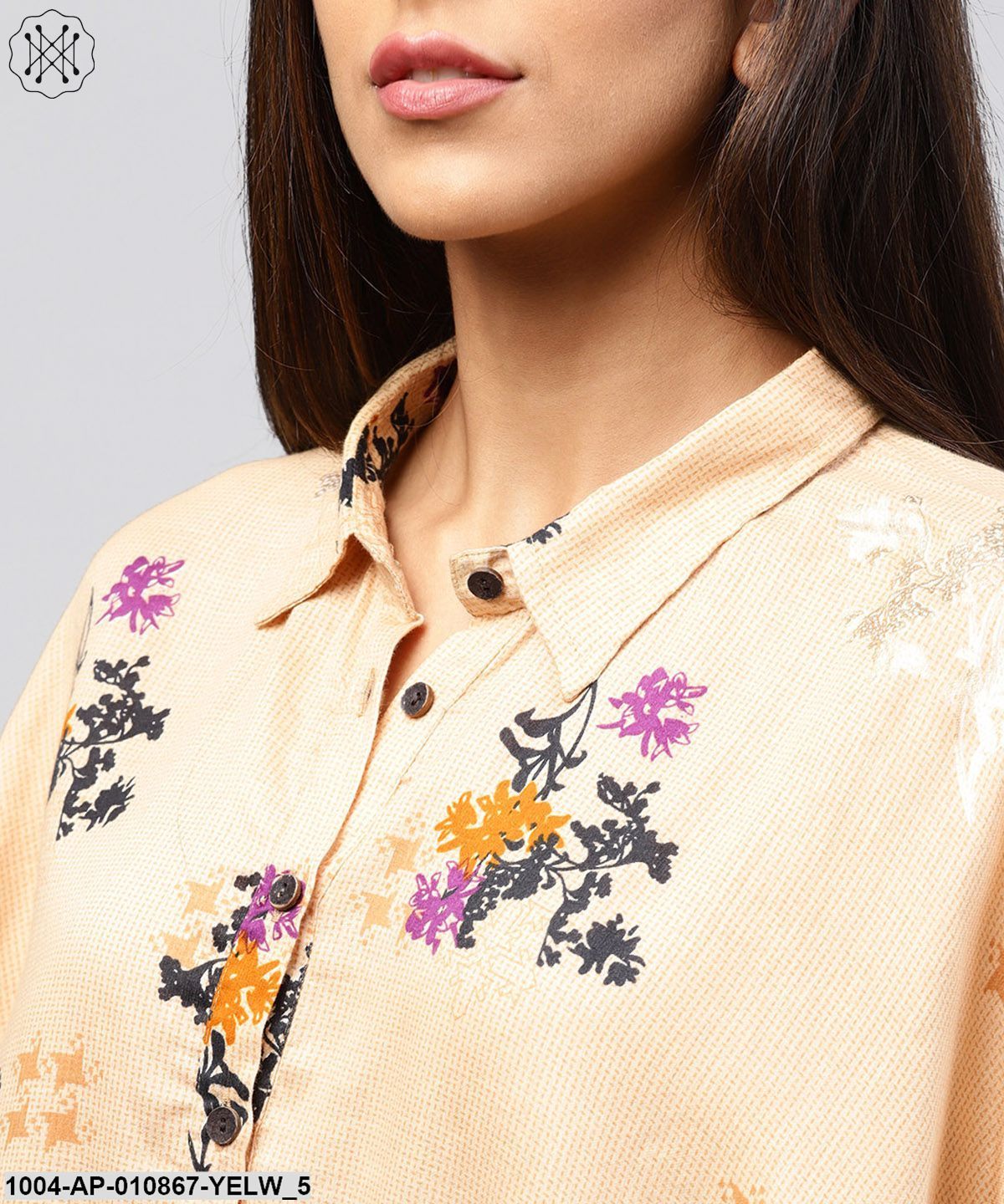 Yellow Front Open Banglori Printed Poncho Tops