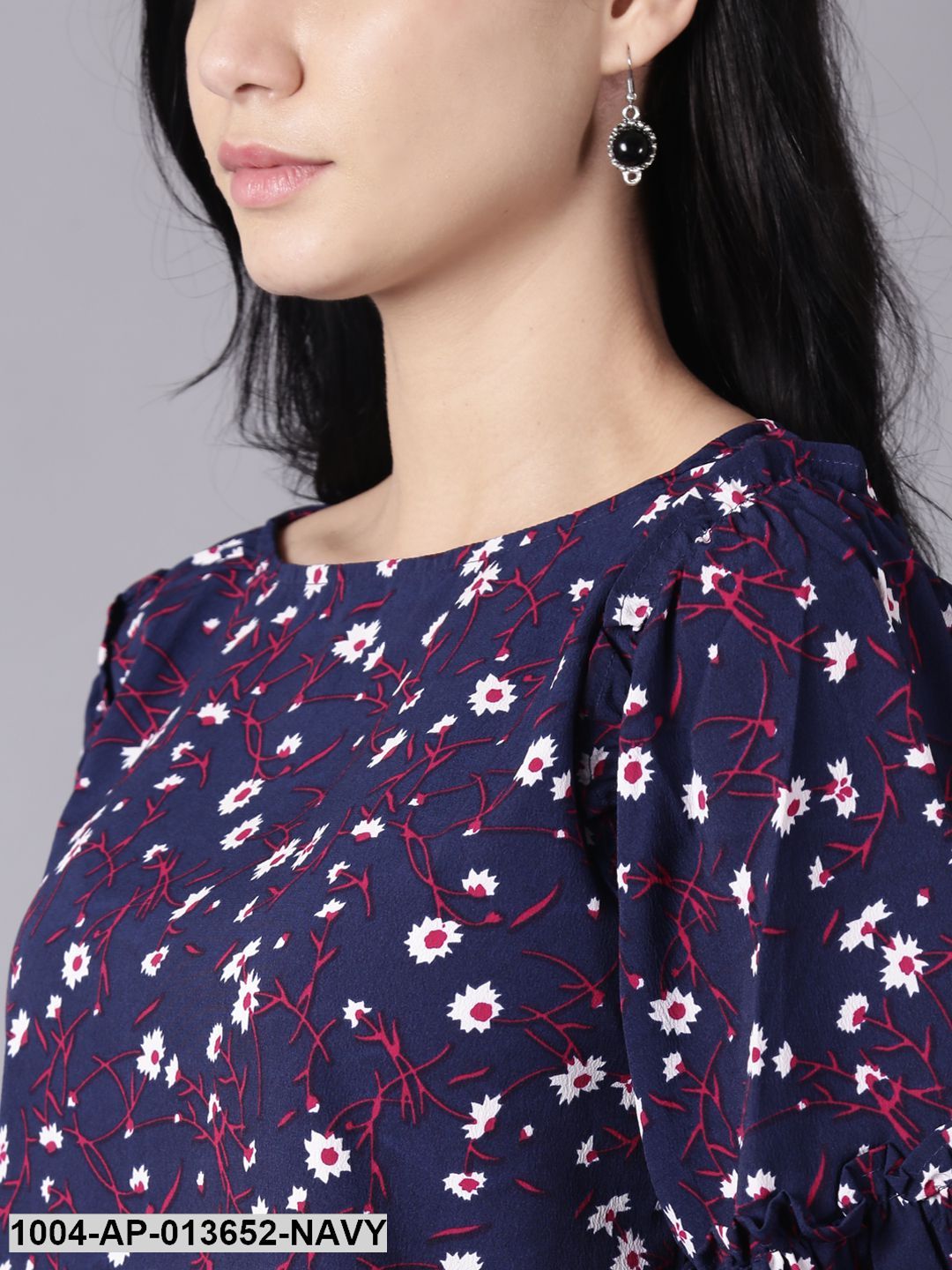 Navy Blue Casual Printed Boat Neck Top