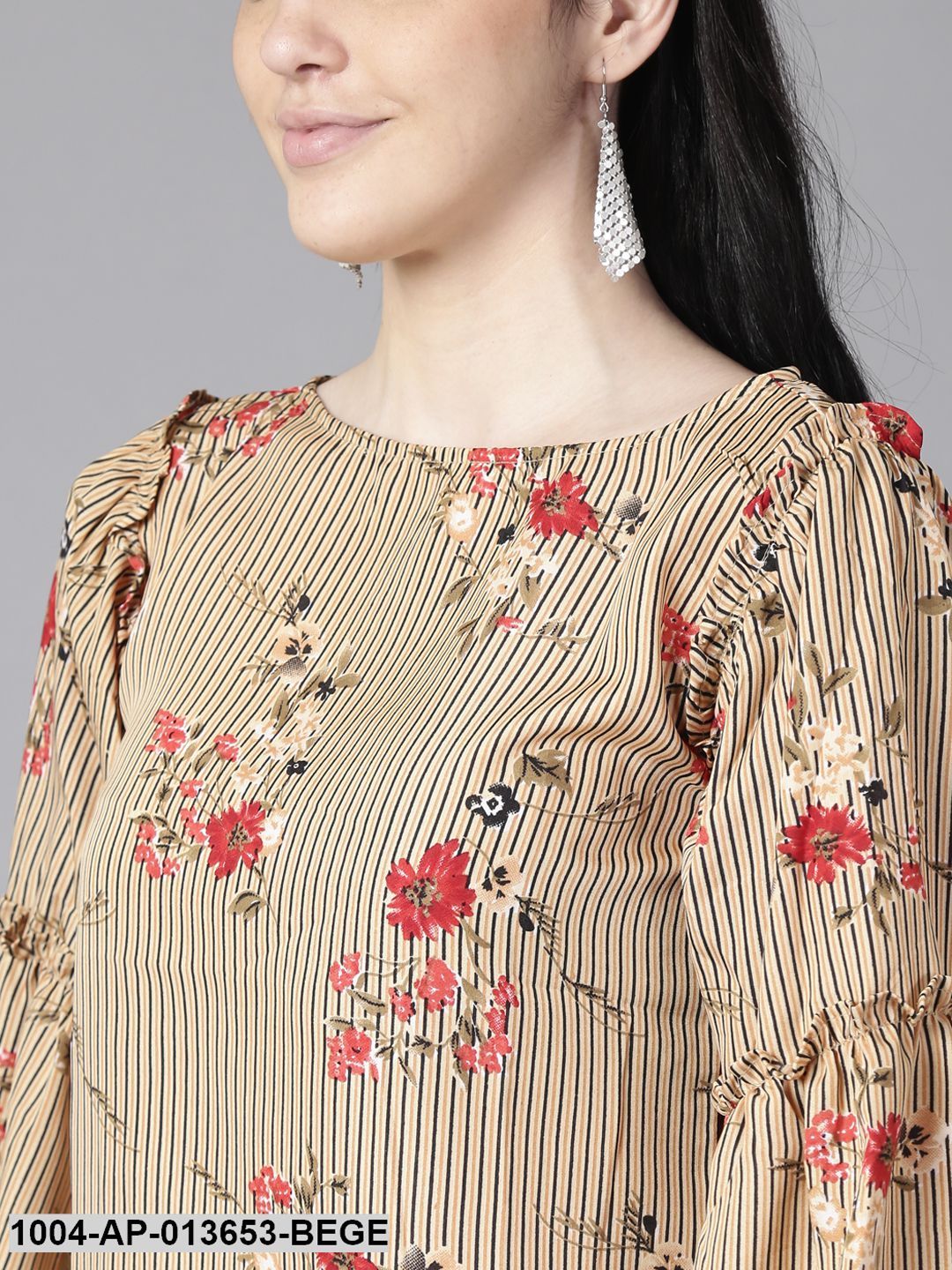 Beige Casual Printed Boat Neck Top