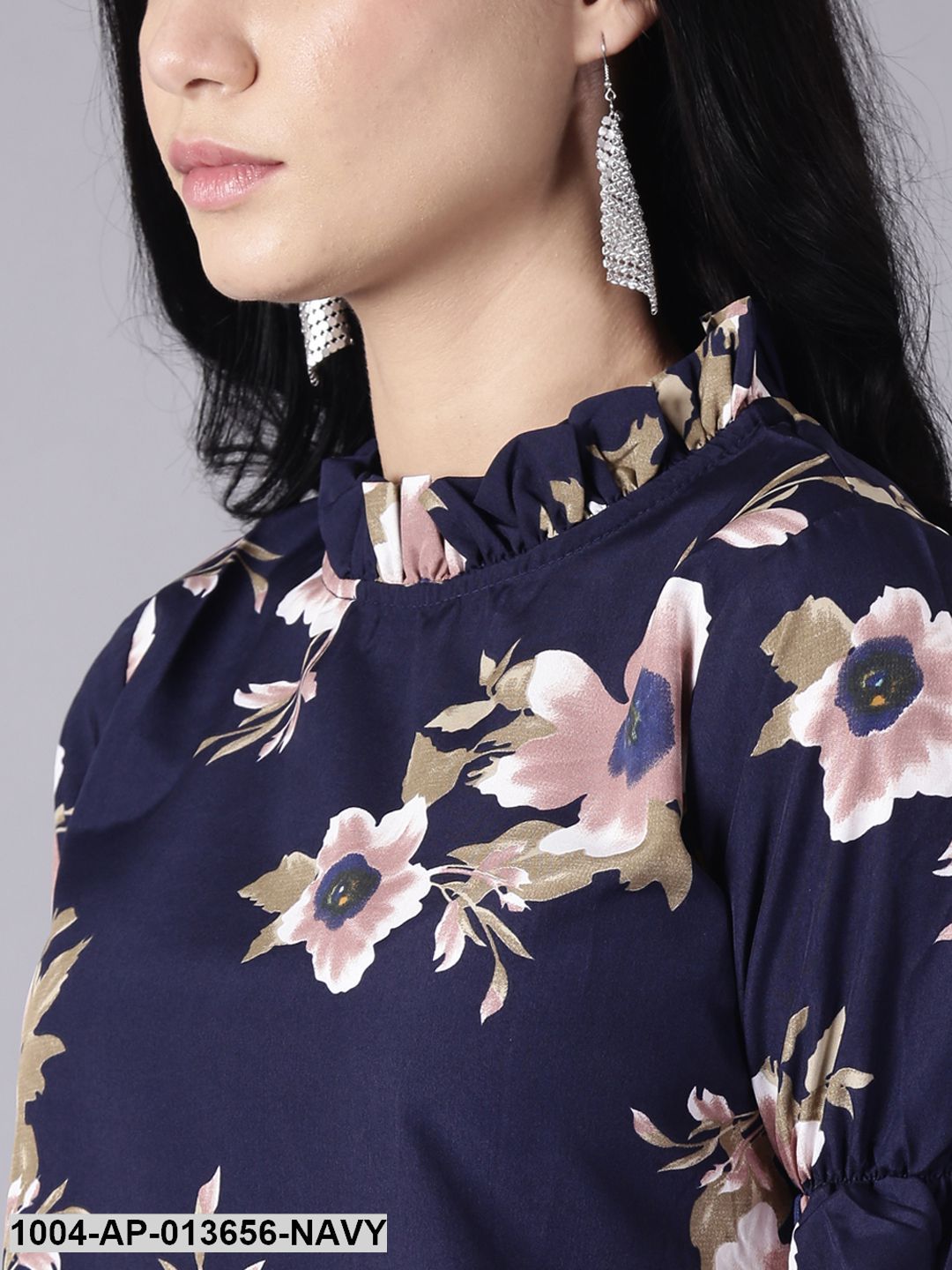 Navy Blue Casual Printed High Neck Top