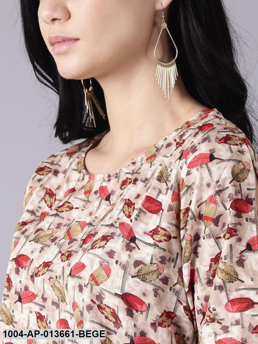 Beige Casual Printed Round Neck Top