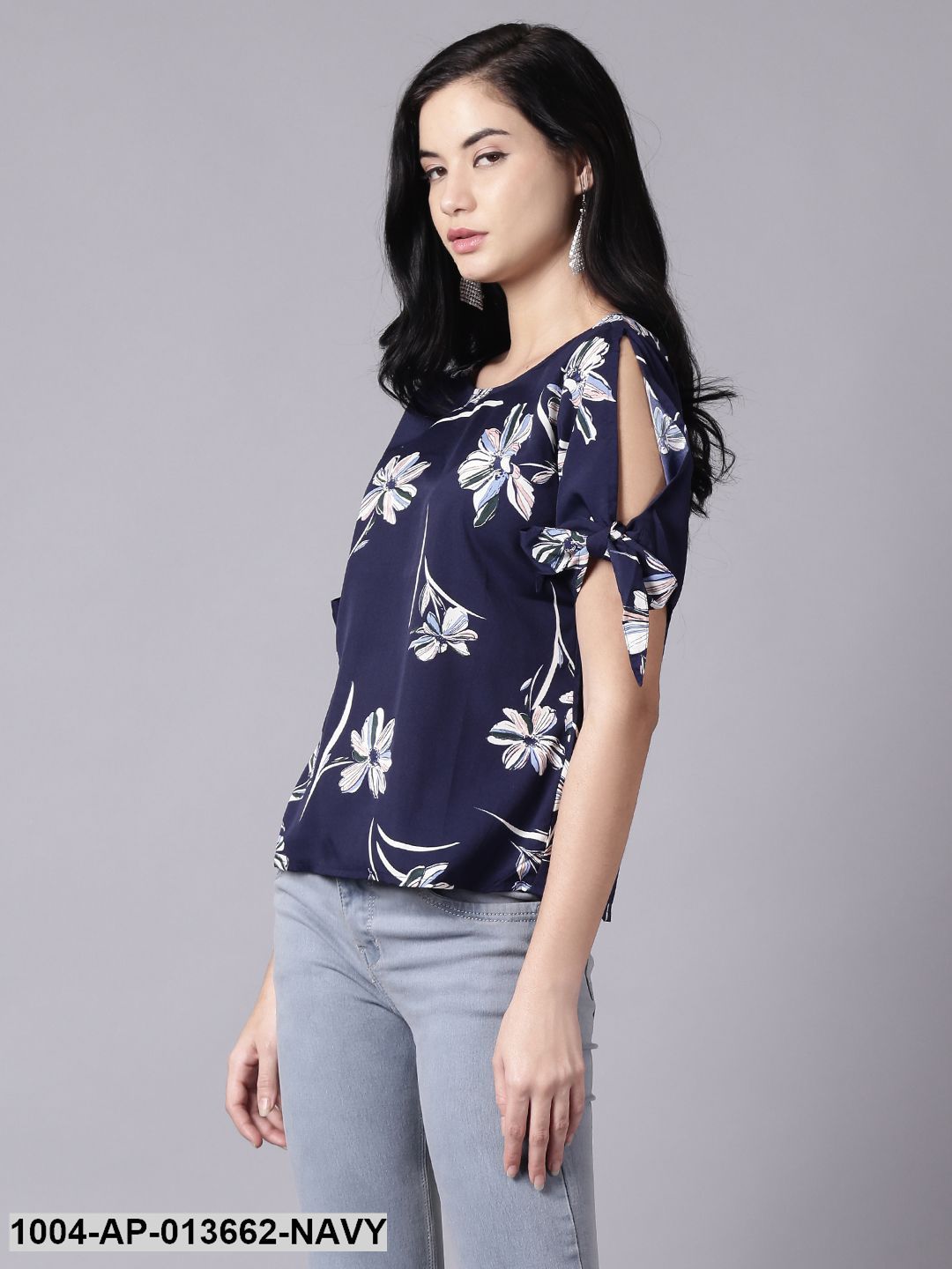 Navy Blue Casual Printed Round Neck Top