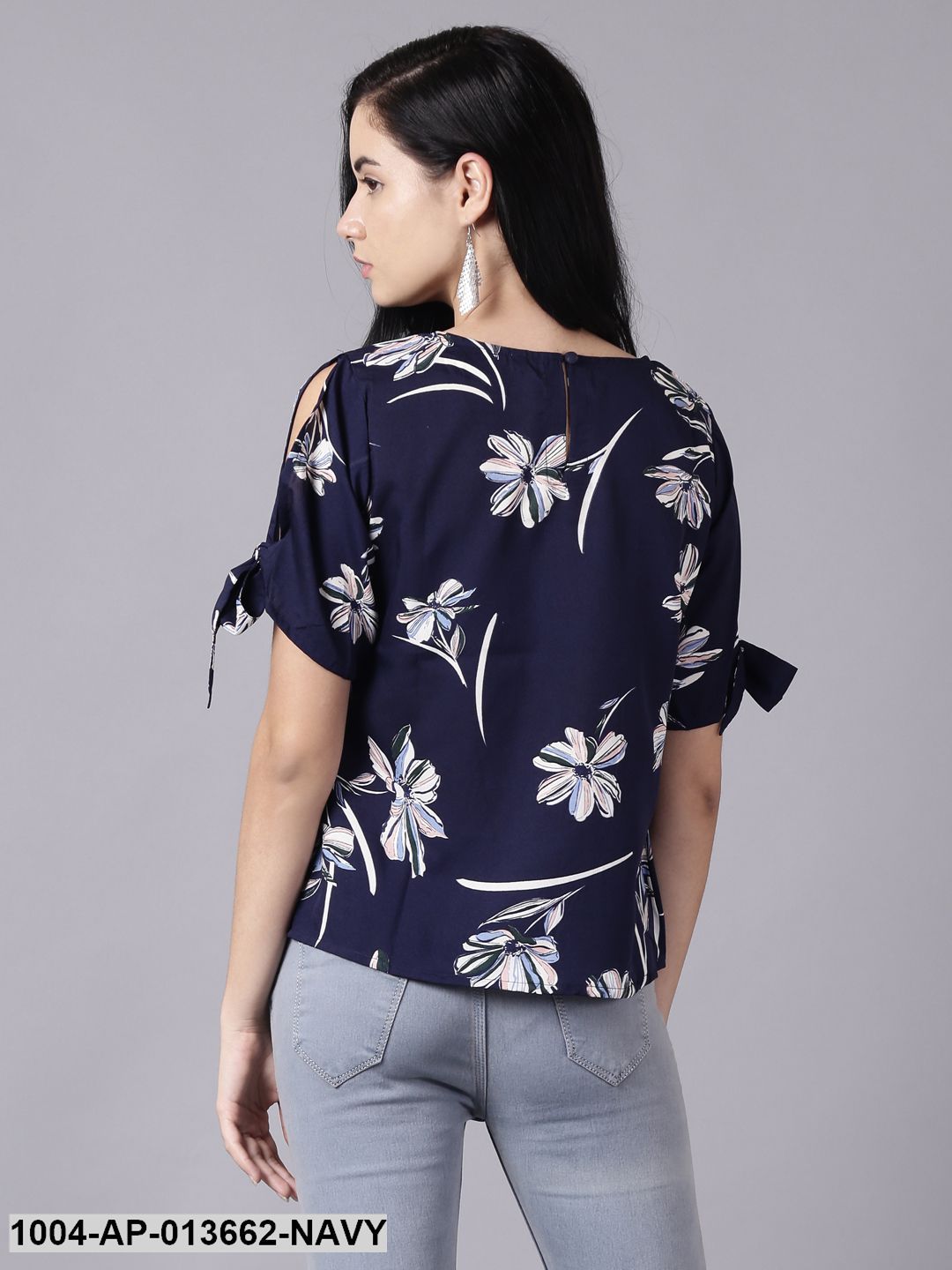 Navy Blue Casual Printed Round Neck Top