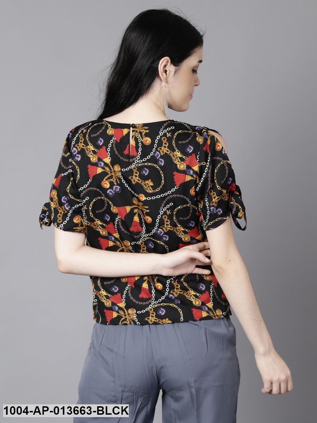 Black Casual Printed Round Neck Top