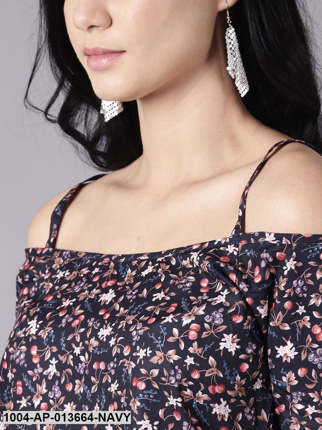 Navy Blue Casual Printed Shoulder Straps Top