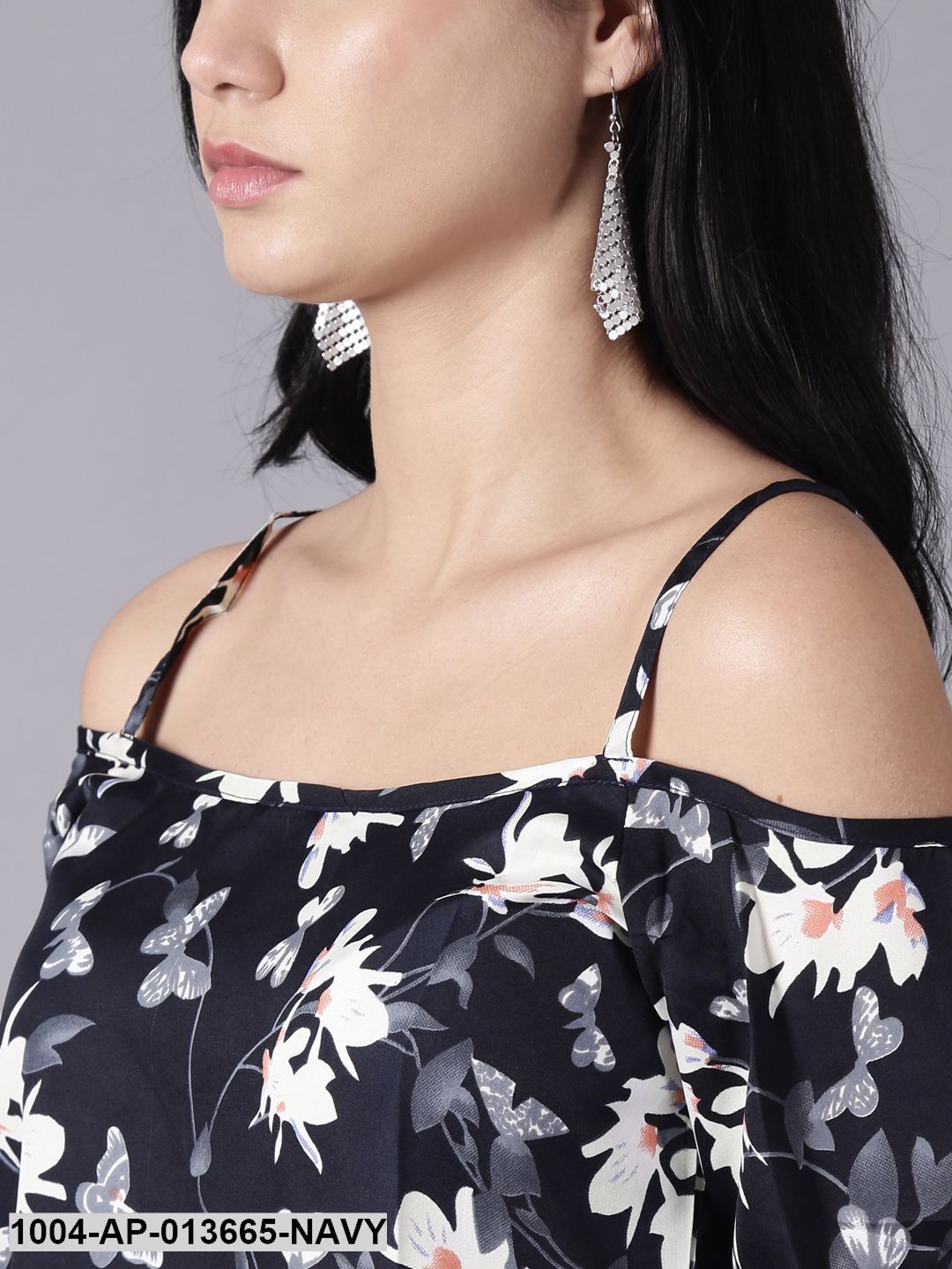 Navy Blue Casual Printed Shoulder Straps Top