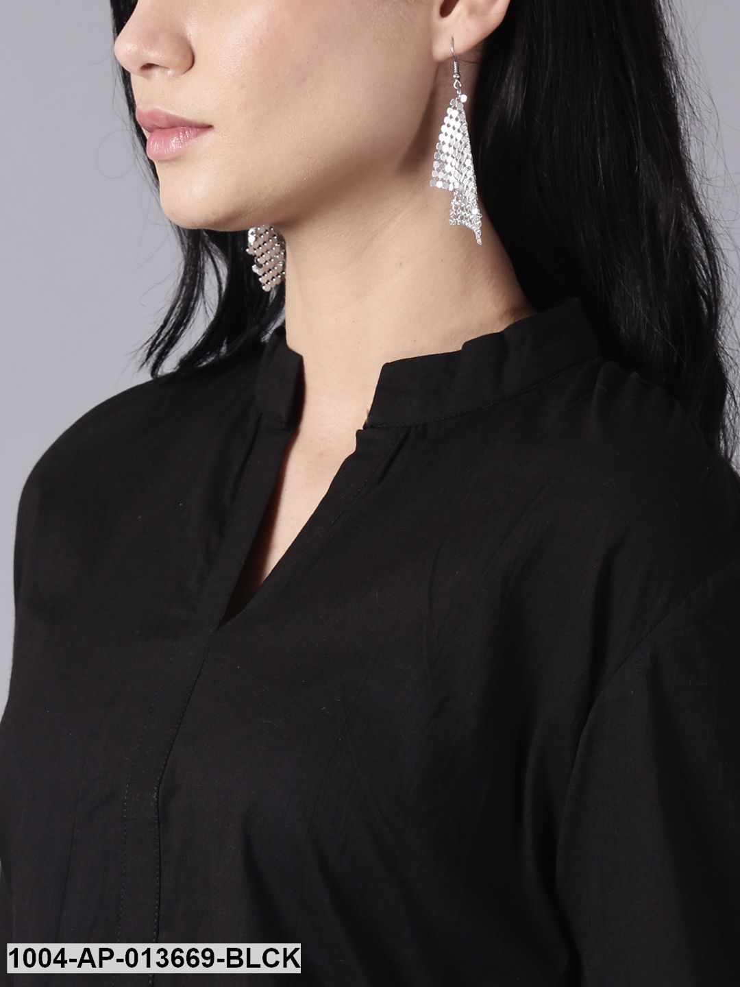 Black Casual Printed Mandarin Collar Top