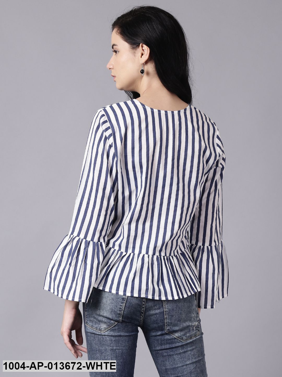 White Casual Striped Round Neck Top