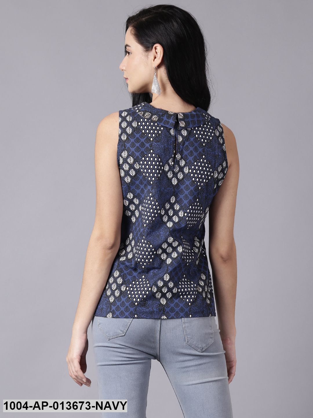 Navy Blue Casual Printed Peter Pan Collar Top