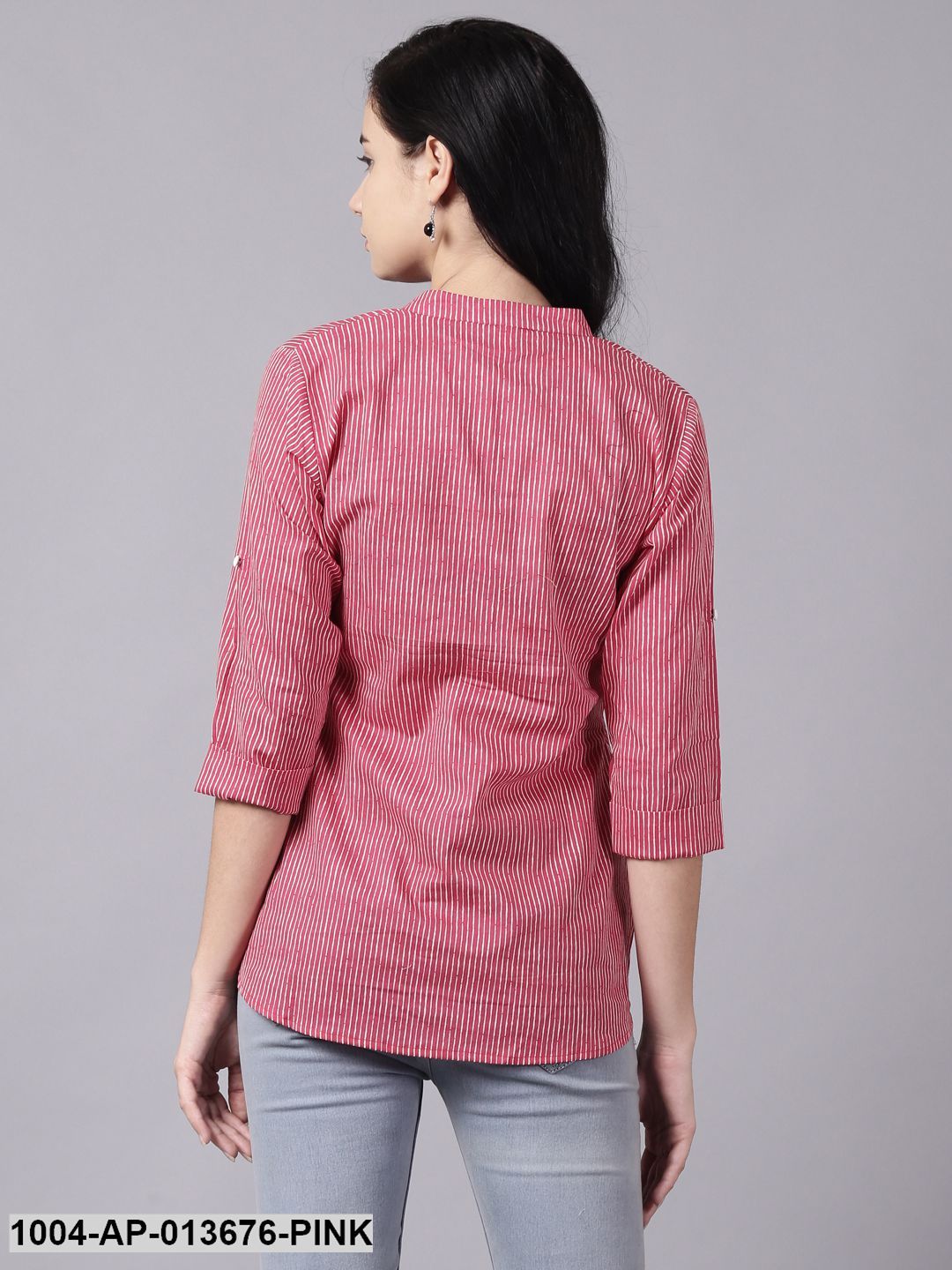 Pink Casual Striped Mandarin Collar Top