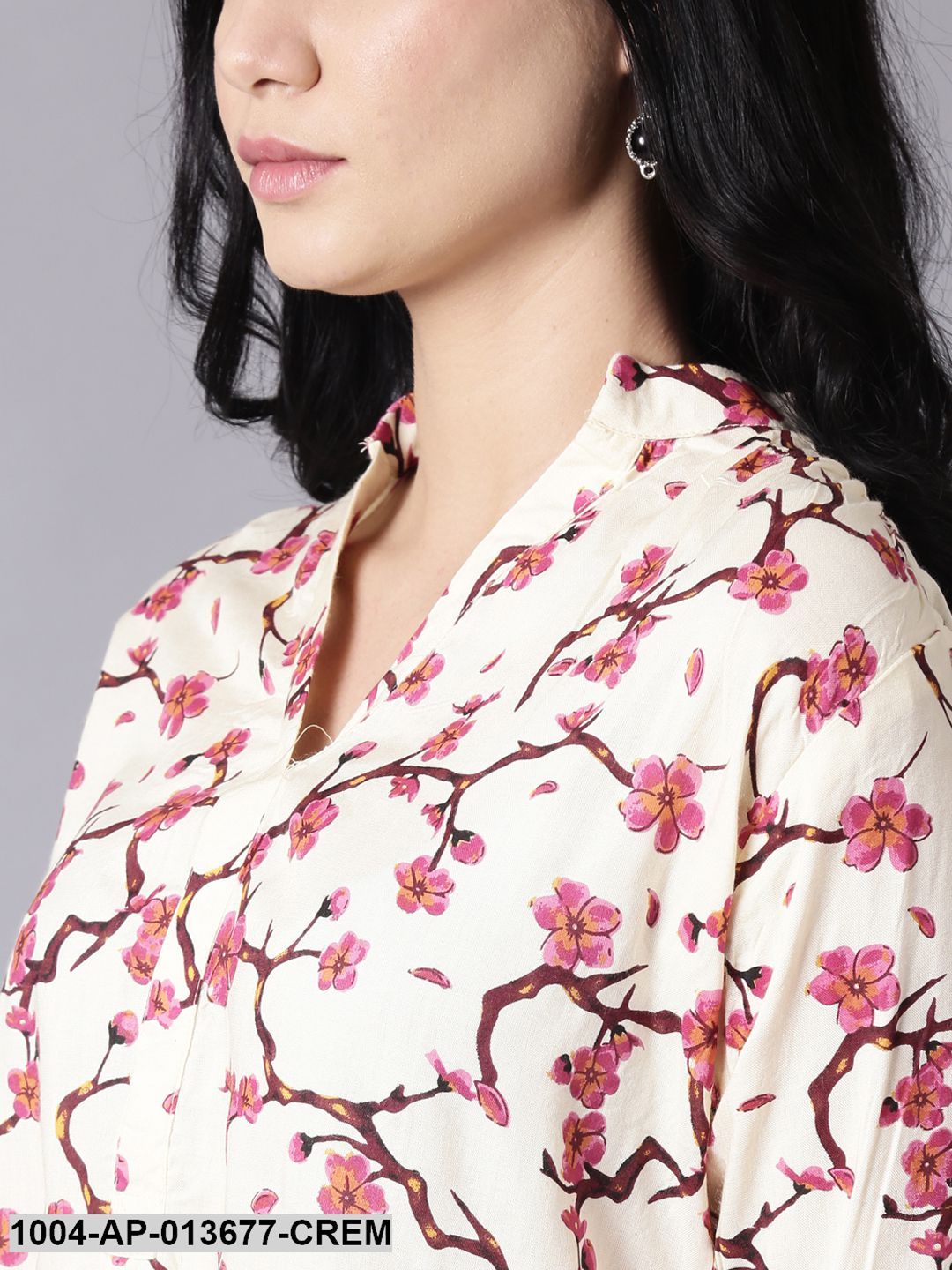 Cream Casual Printed Mandarin Collar Top