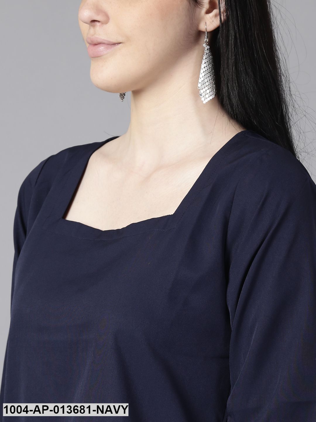 Navy Blue Casual Solid Square Neck Top