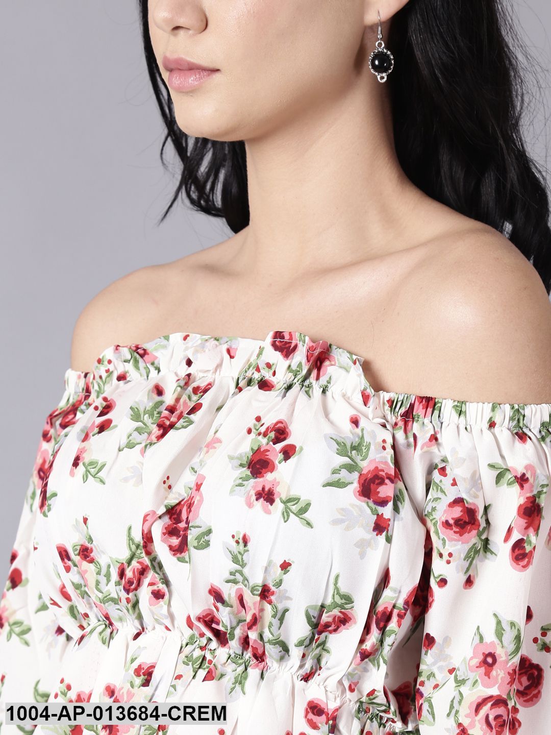 Cream Casual Printed Off-Shoulder Top