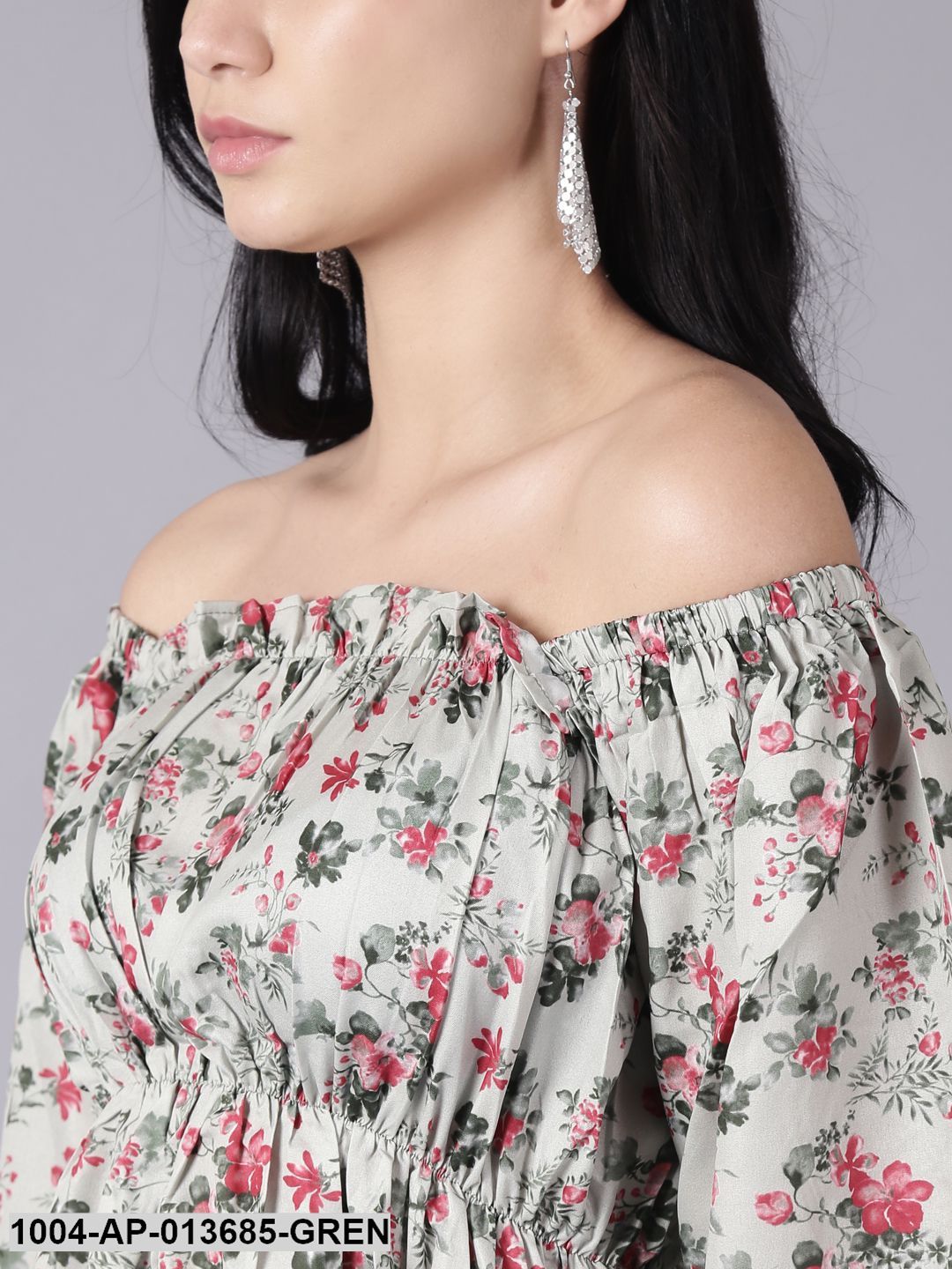 Green Casual Printed Off-Shoulder Top